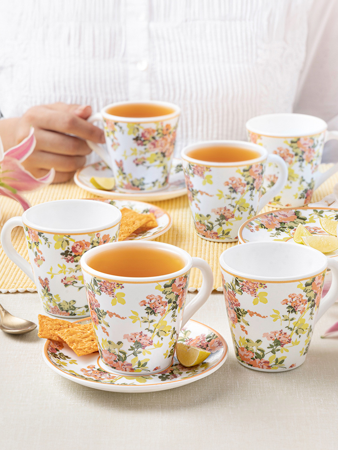 Larah by BOROSIL Premia Series Amora White 12 Pieces Mug and Saucer 160ml