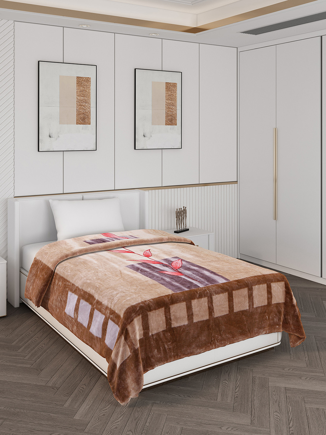 Monte Carlo Brown & Pink Mild Floral Printed Winter 600 GSM Single Bed Blankets