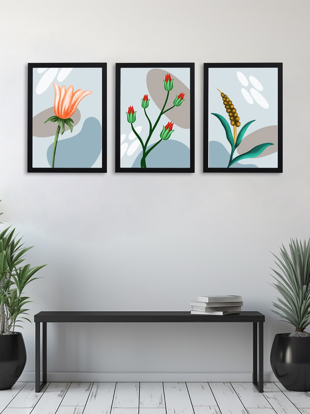 Giftii Blue & Grey 3 Pieces Floral and Botanical Wooden Framed Painting Wall Art