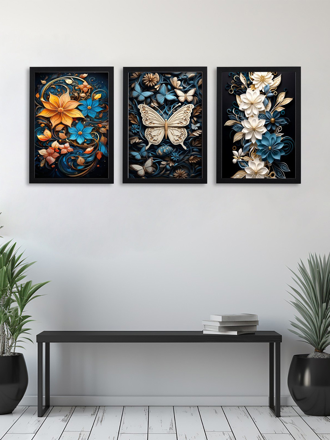 Giftii Black & White 3 Pieces Floral and Botanical Wooden Framed Painting Wall Art