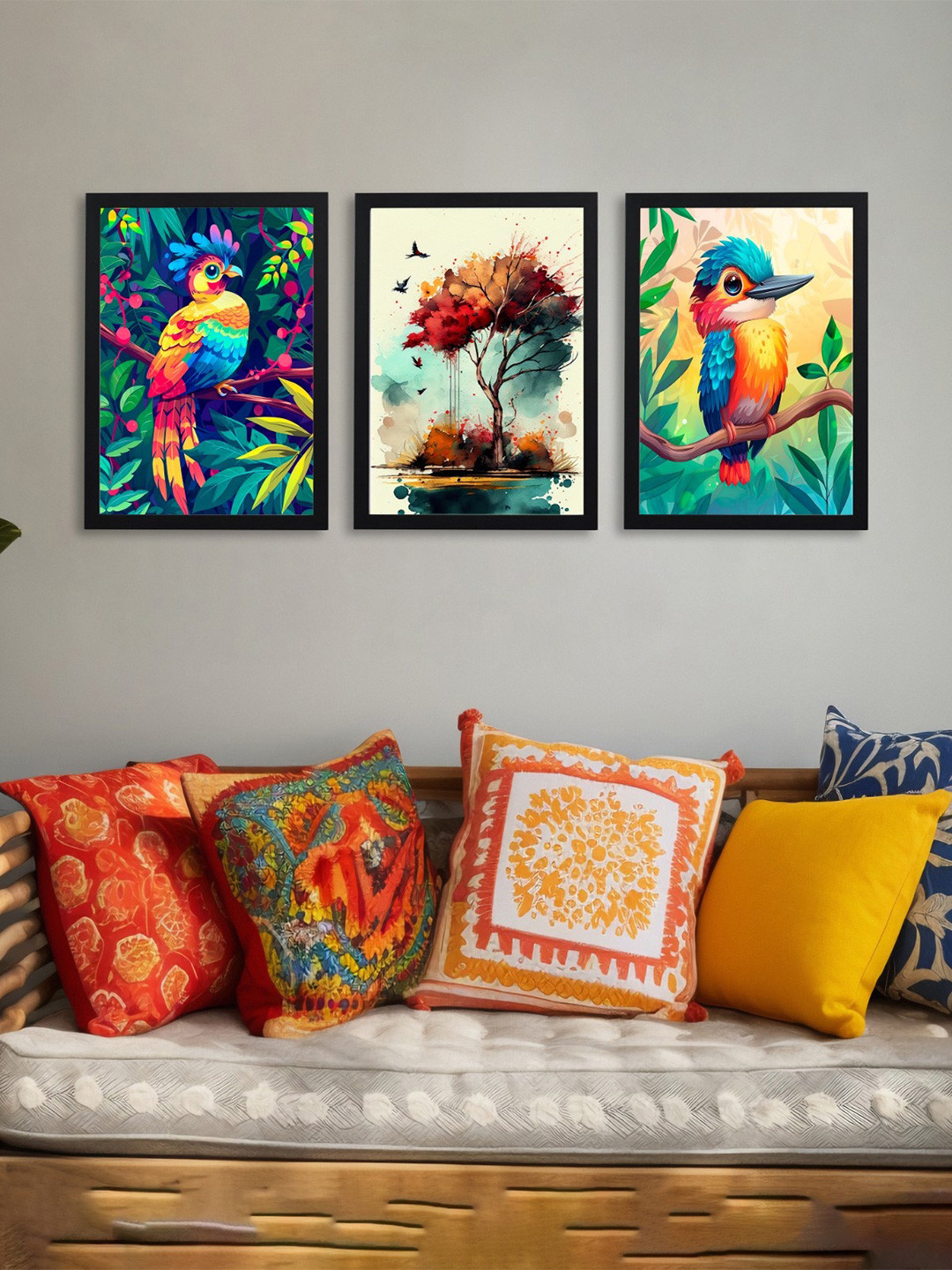 Giftii Green & Pink Birds and Animals Wooden Framed Painting Wall Art