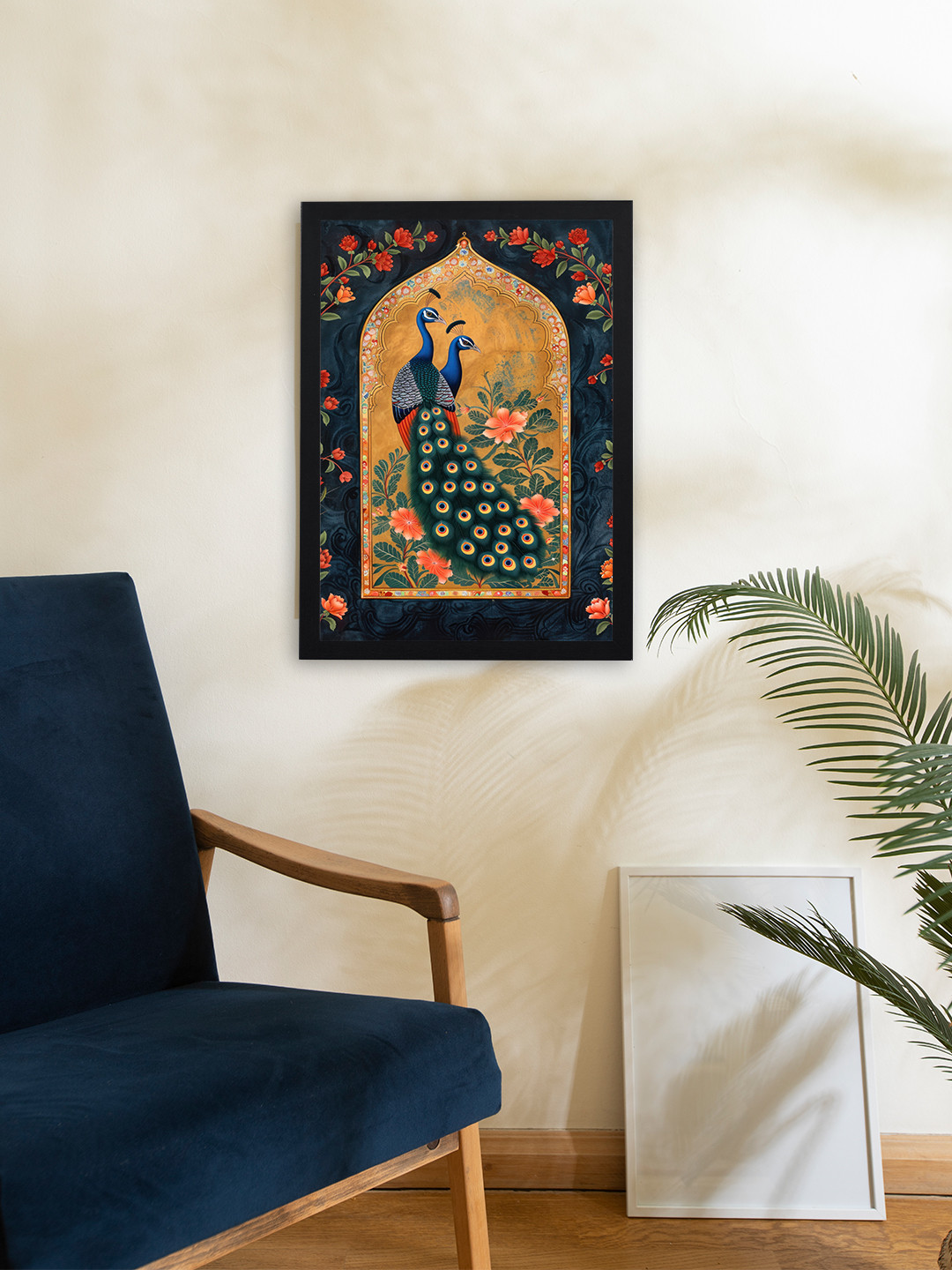 Giftii Blue & Orange Coloured Birds and Animals Mughal Wodden Framed Painting Wall Art