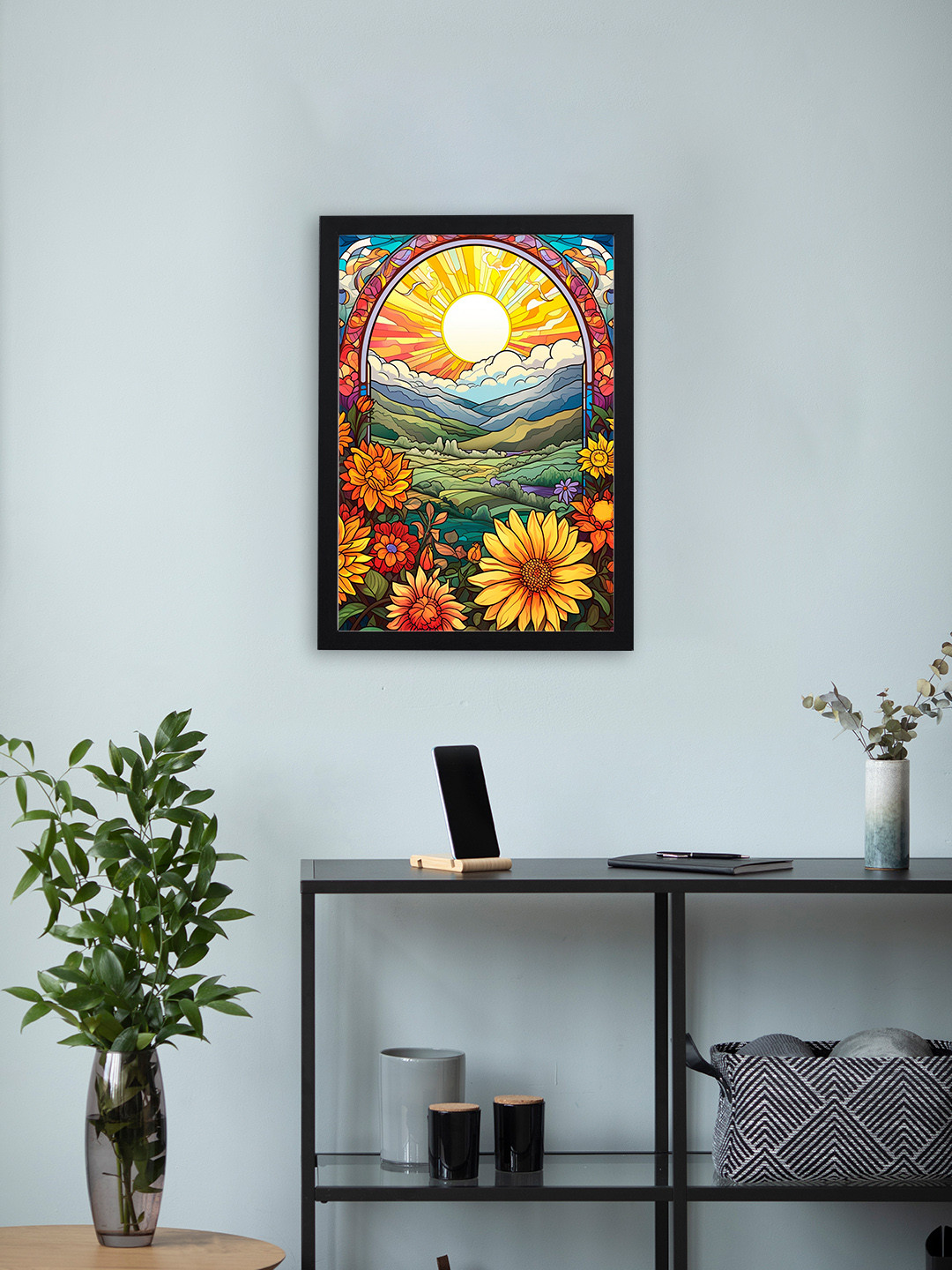 Giftii Blue & Orange Coloured Floral and Botanical Wodden Framed Painting Wall Art