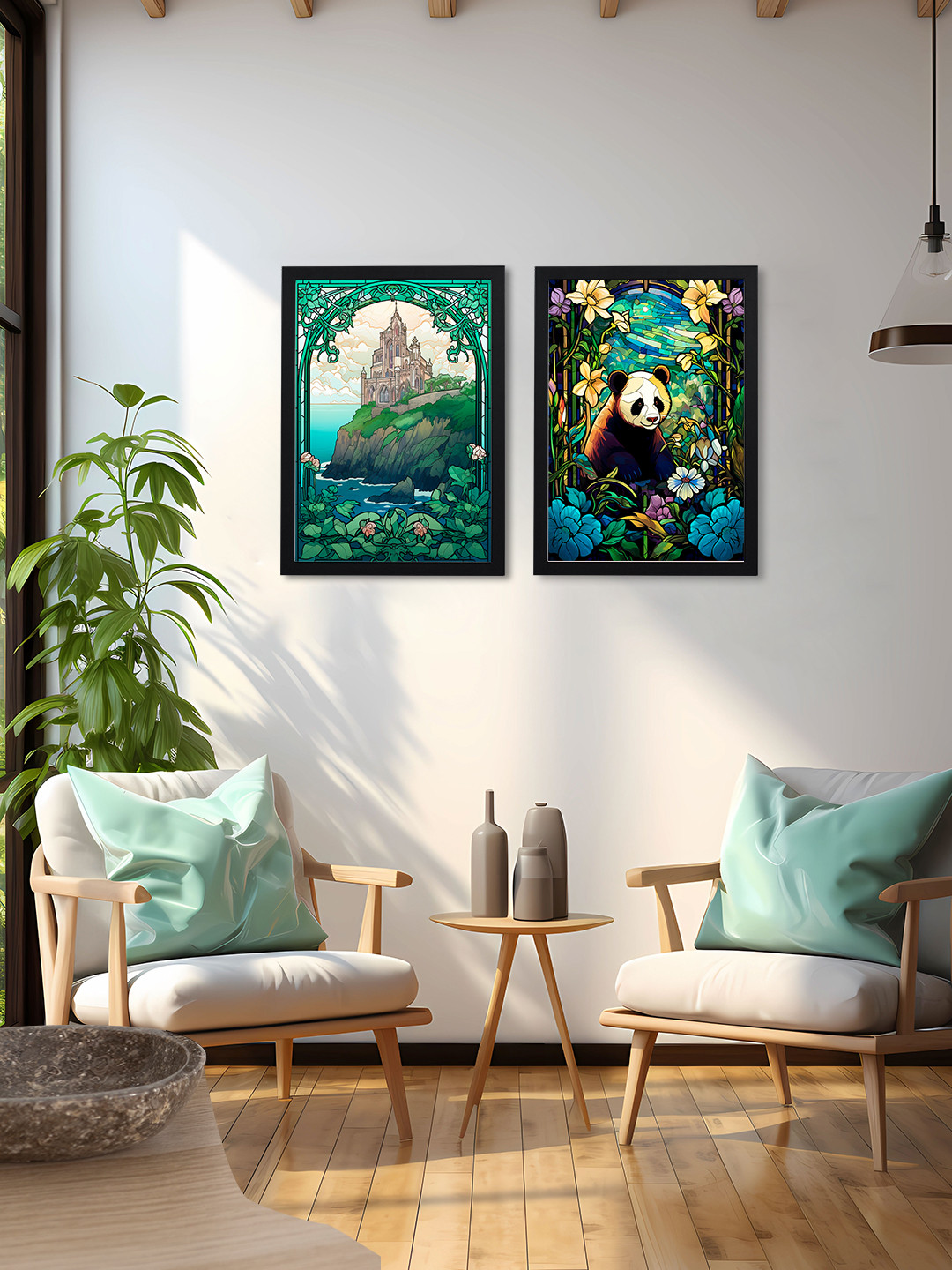 Giftii Green Wood 2 Pcs Wall Living Room Rectangle Potrait Paintings Wall Art -13 x 9In