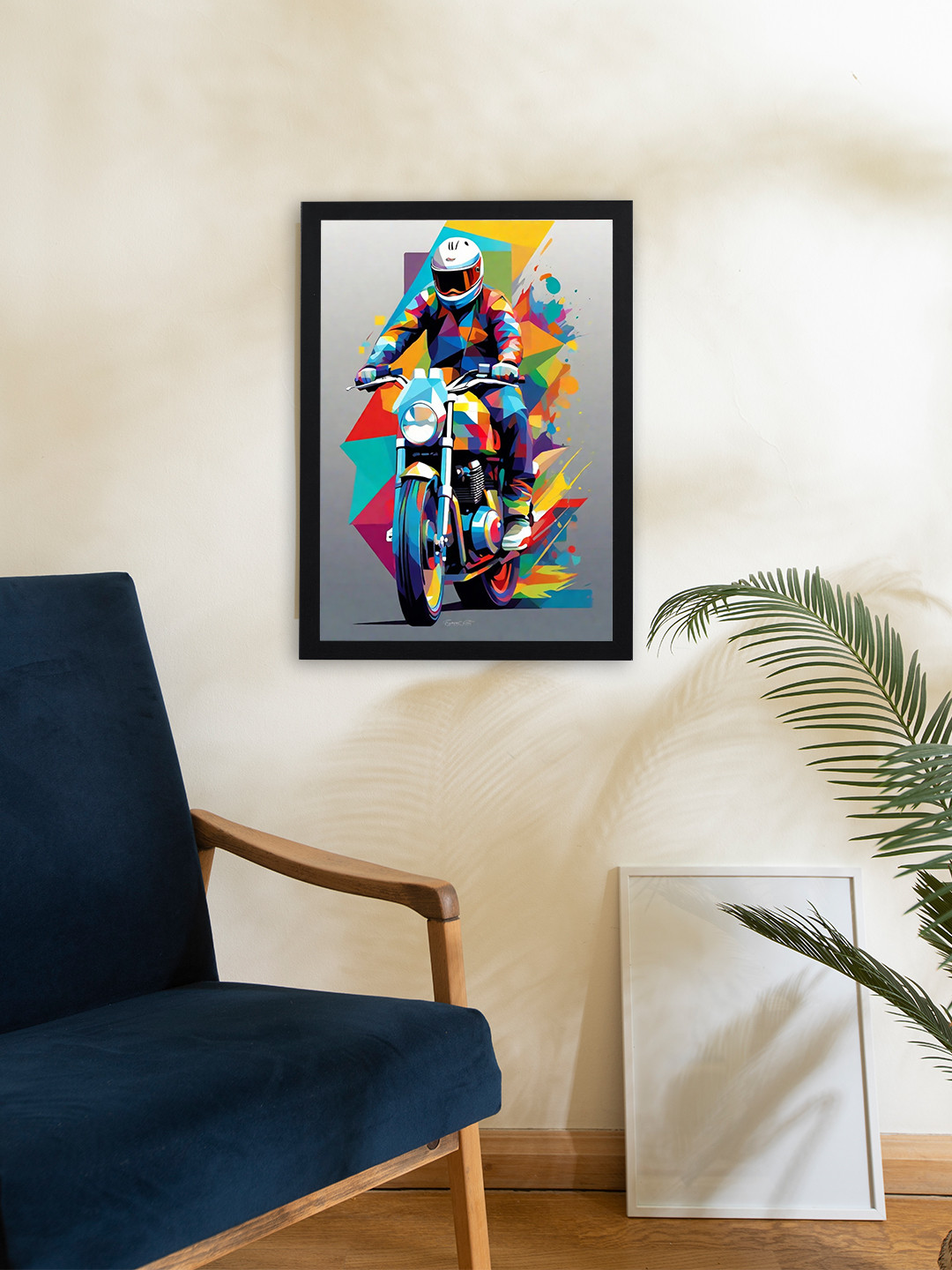 Giftii Grey & Blue Racing Motocycle Wodden Framed Painting Wall Art