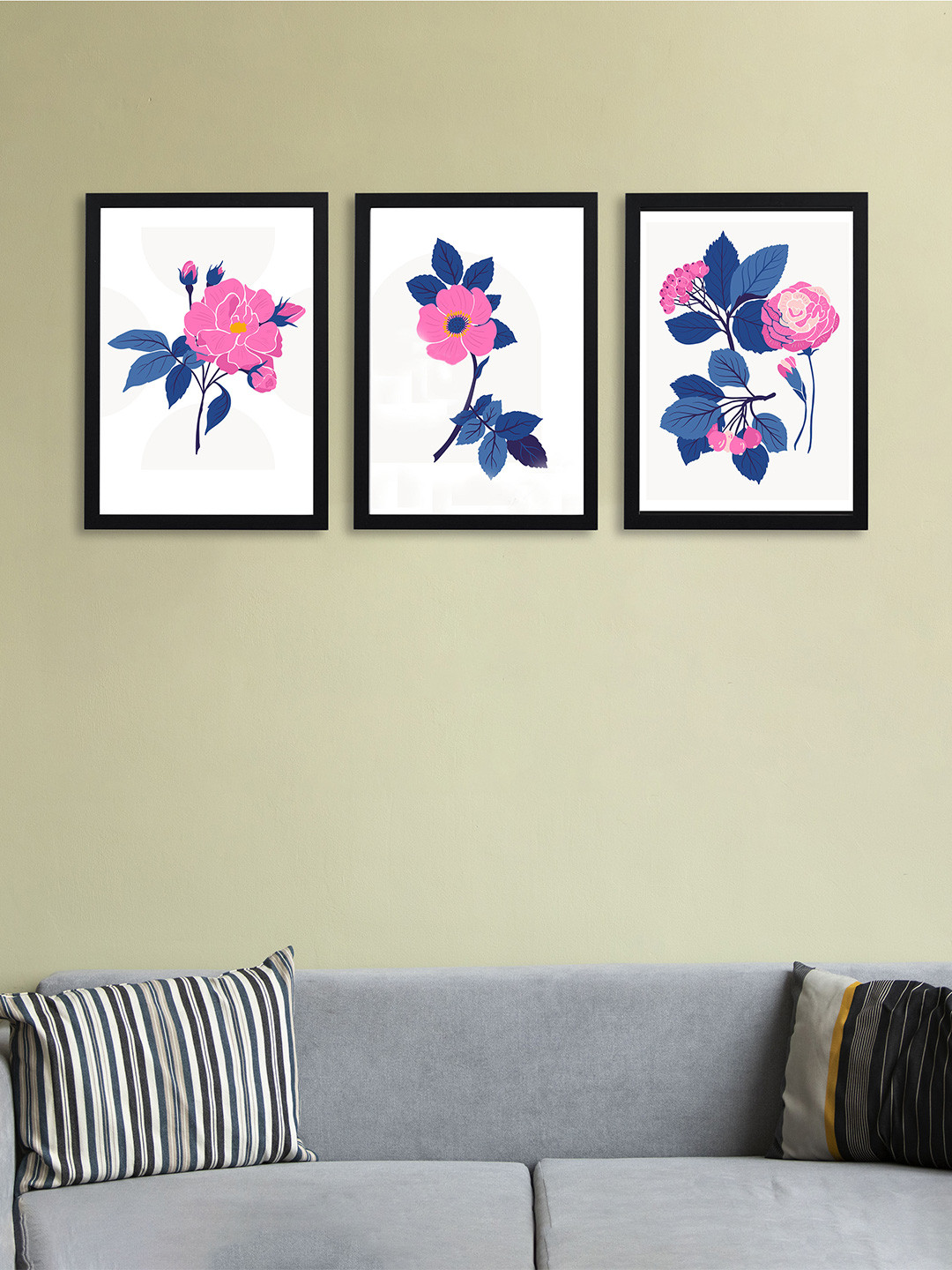 Giftii White & Pink 3 Pieces Floral and Botanical Wodden Framed Painting Wall Art