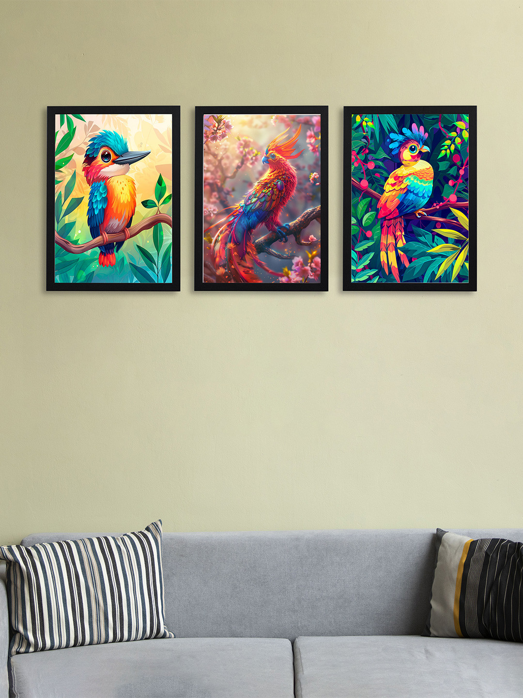 Giftii Blue & Green 3 Pieces Birds and Animals Wodden Framed Painting Wall Art