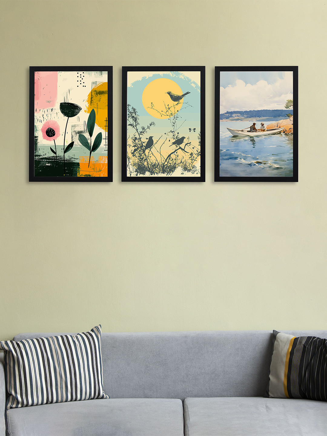 Giftii Blue and Yellow 3 Pieces Printed Wooden Framed Wall Art