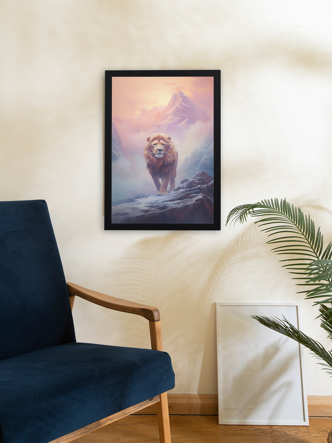 Giftii White & Blue Lion Printed Wooden Framed Wall Art