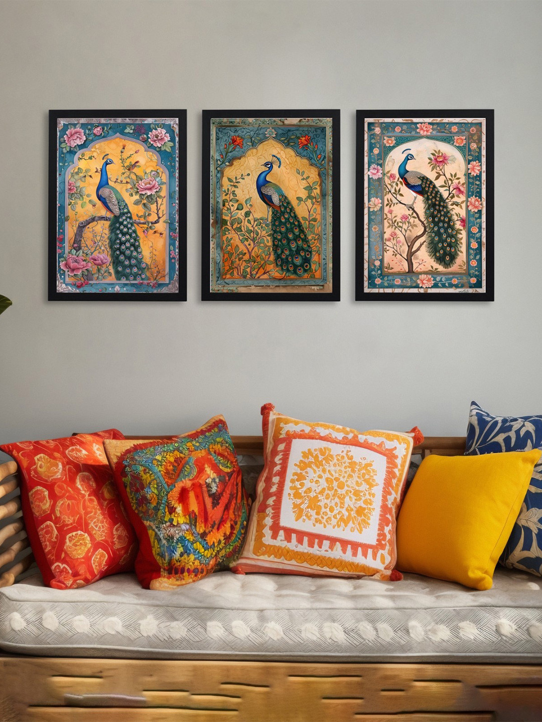 Giftii Green & Orange 3 Pieces Peacock Printed Wooden Framed Wall Arts