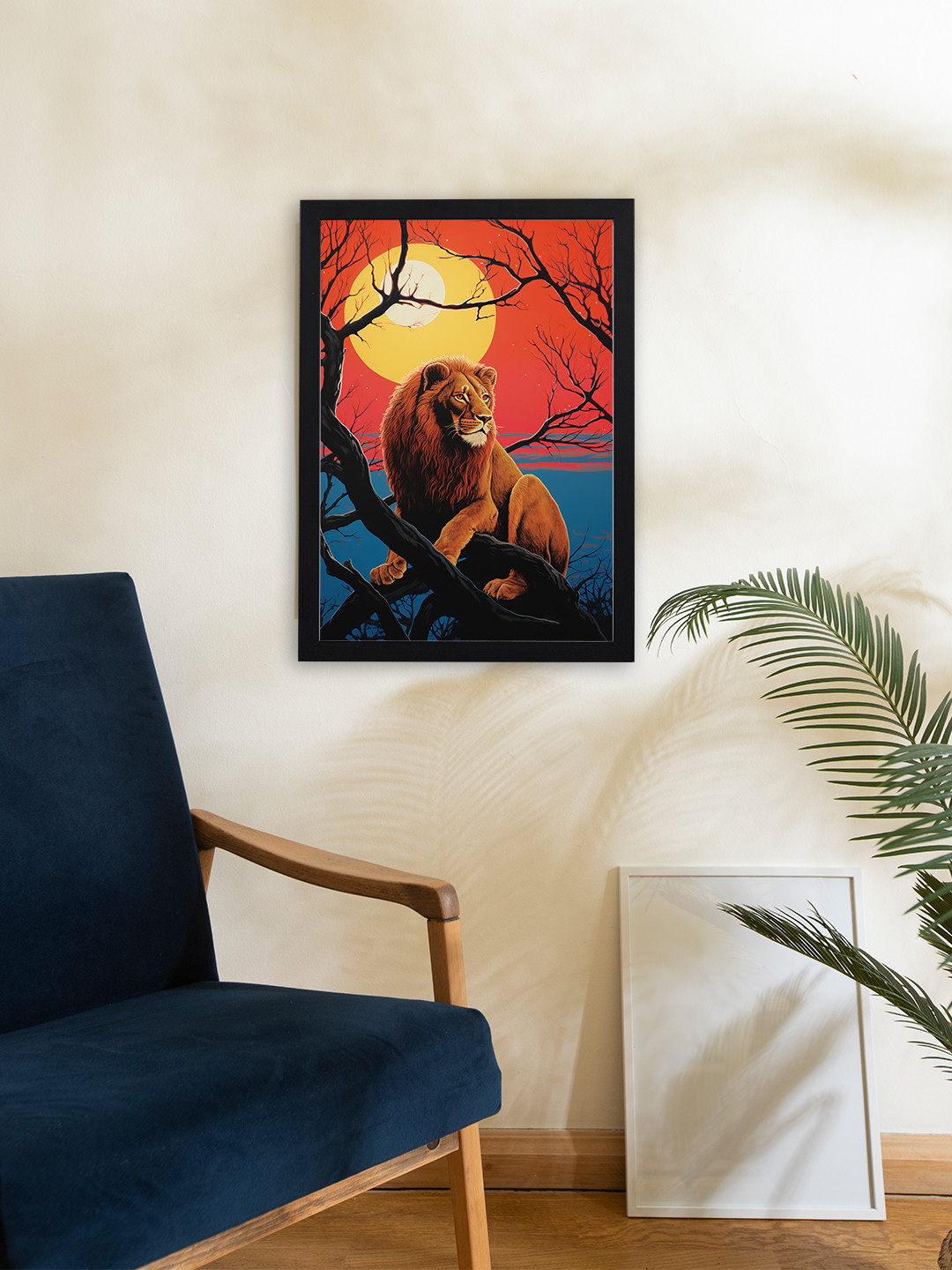 Giftii Black & Orange Colored Lion Printed Wooden Framed Wall Art
