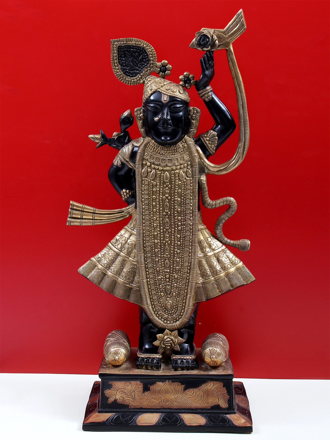 Exotic India Shri Krishna As Shrinath Ji Gold Brass Metallic Prayer Room Extra Large Showpiece - 31 Inches