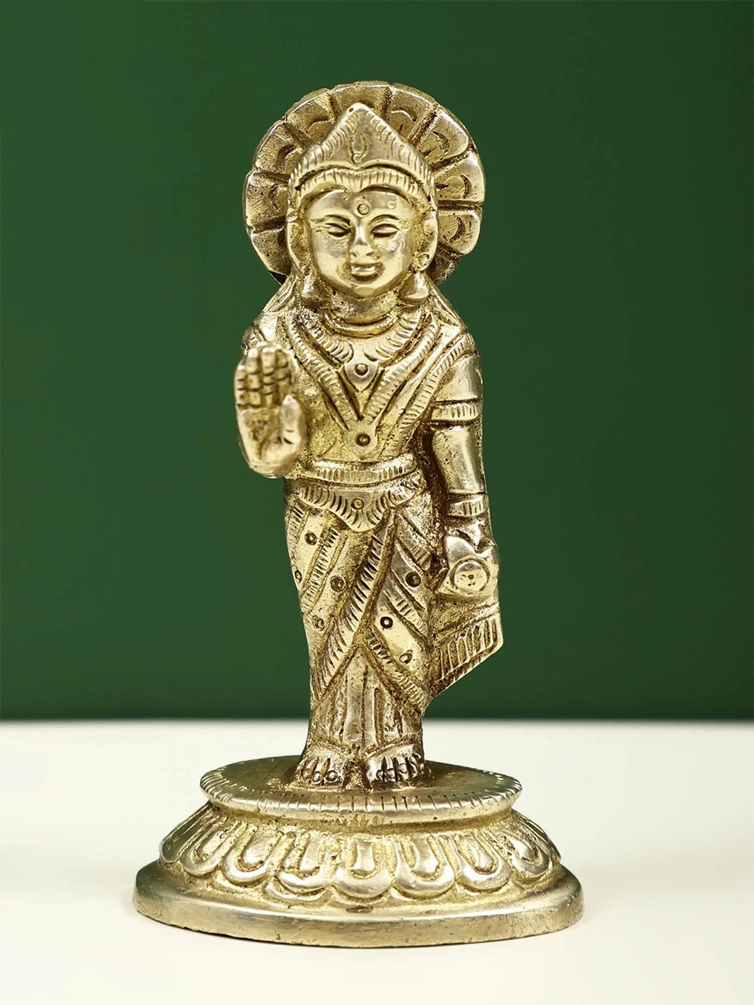 Exotic India Standing Goddess Lakshmi Gold Brass Metallic Prayer Room Tiny Showpiece - 1.5 Inches
