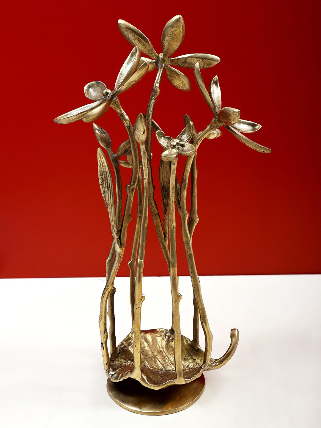 Exotic India Valley Of Flowers Centrepiece Gold Brass Metallic Living Room Hand Made Medium Showpiece - 5 Inches