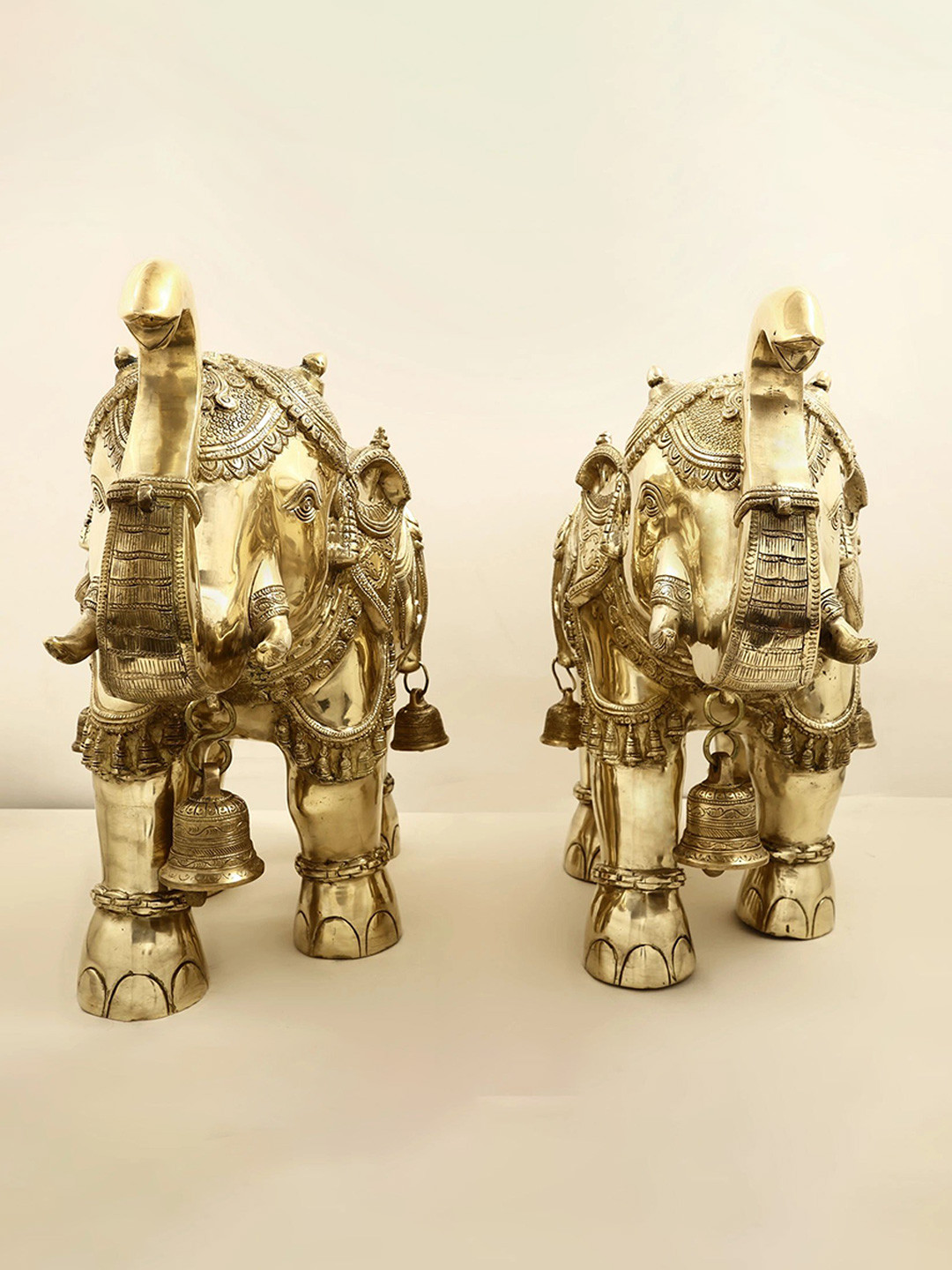 Exotic India Engraved Pair Of Elephants Gold Brass Metallic Living Room Set of 2 Large Showpieces - 19.5 Inches