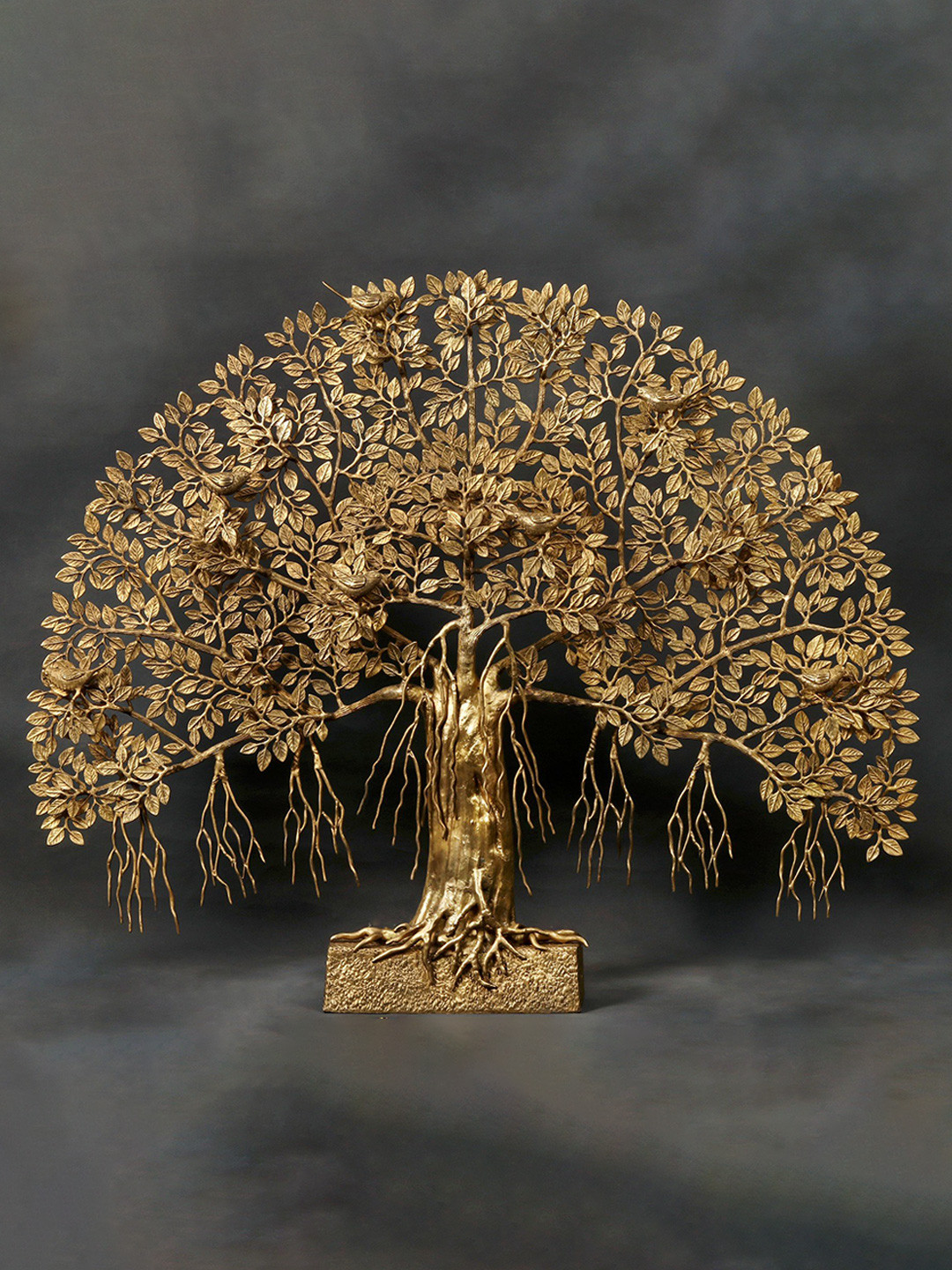 Exotic India Tree Of Life with Perched Birds and Stand Gold Brass Metallic Living Room Extra Large Showpiece - 5 Inches
