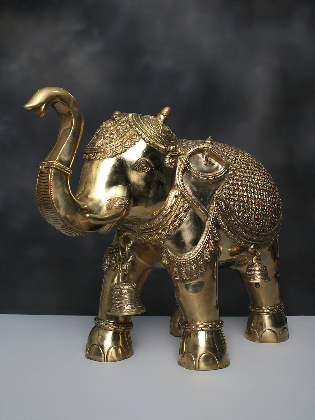 Exotic India Elephant Gold Brass Metallic Living Room Large Showpiece - 12 Inches