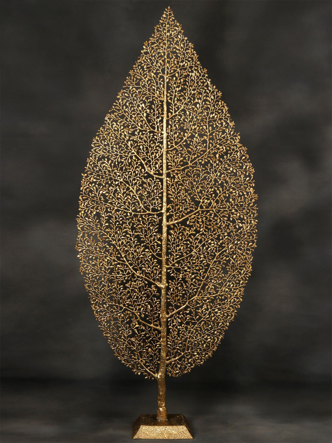 Exotic India Leaf Shaped Tree Of Life Gold Brass Metallic Living Room Extra Large Showpiece - 82.7 Inches