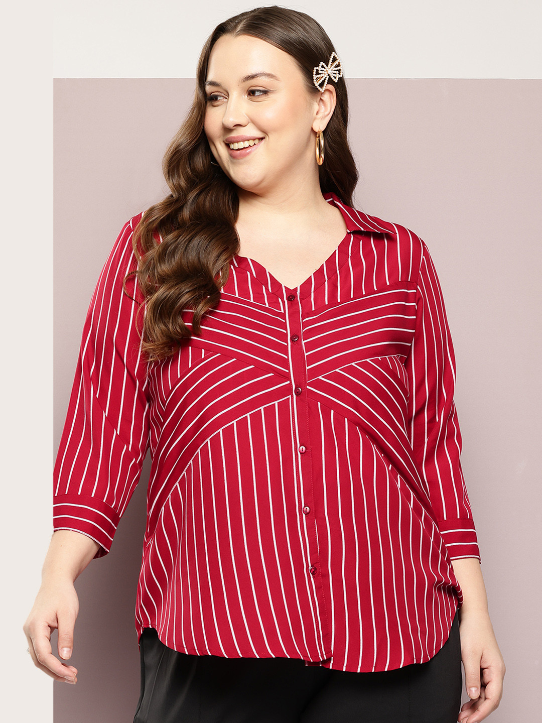Qurvii+ Plus Size Striped Front Cross Crepe Shirt Style Top