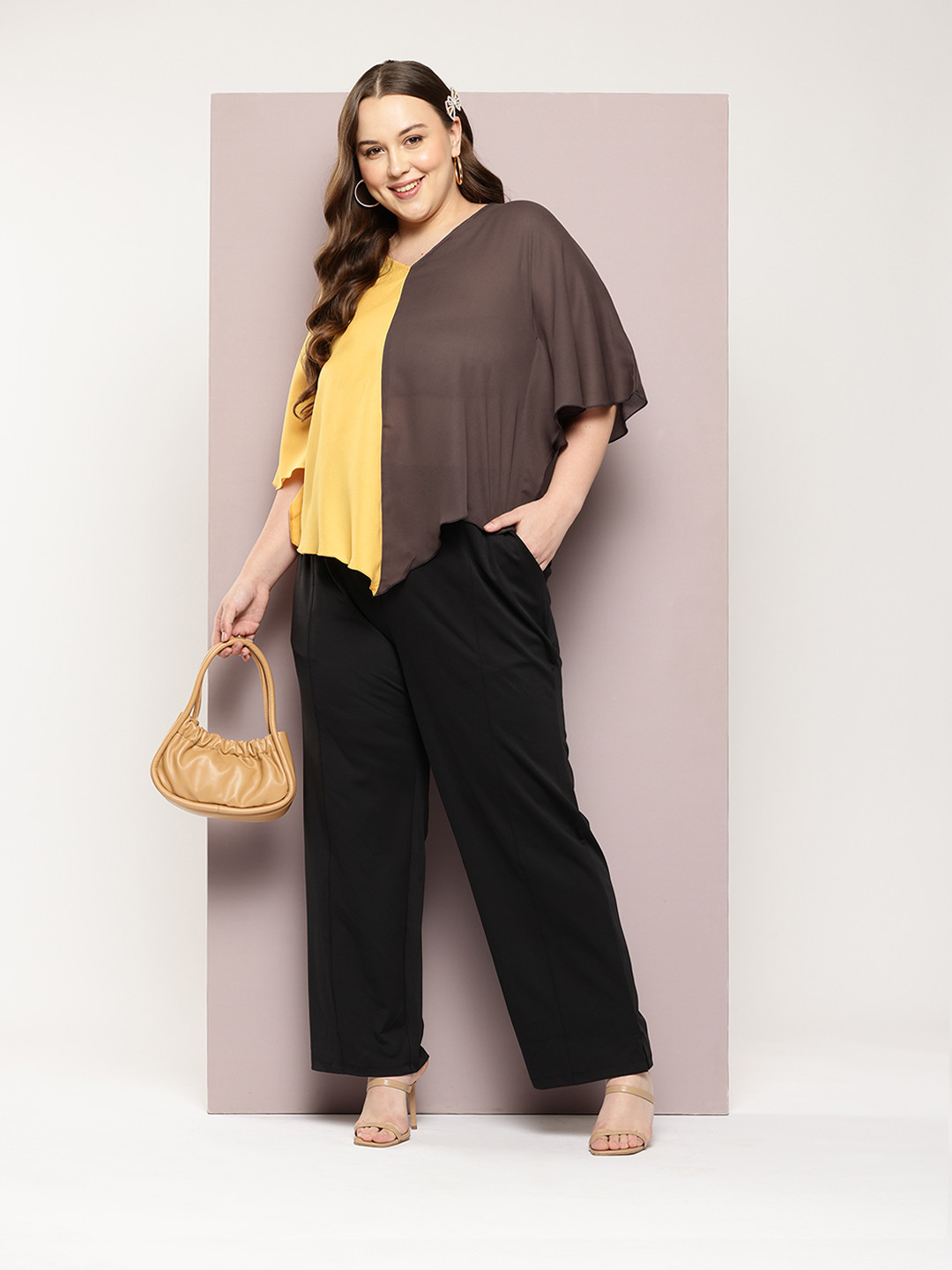 Qurvii+ Plus Size Colourblocked Kimono Sleeve Kaftan Top