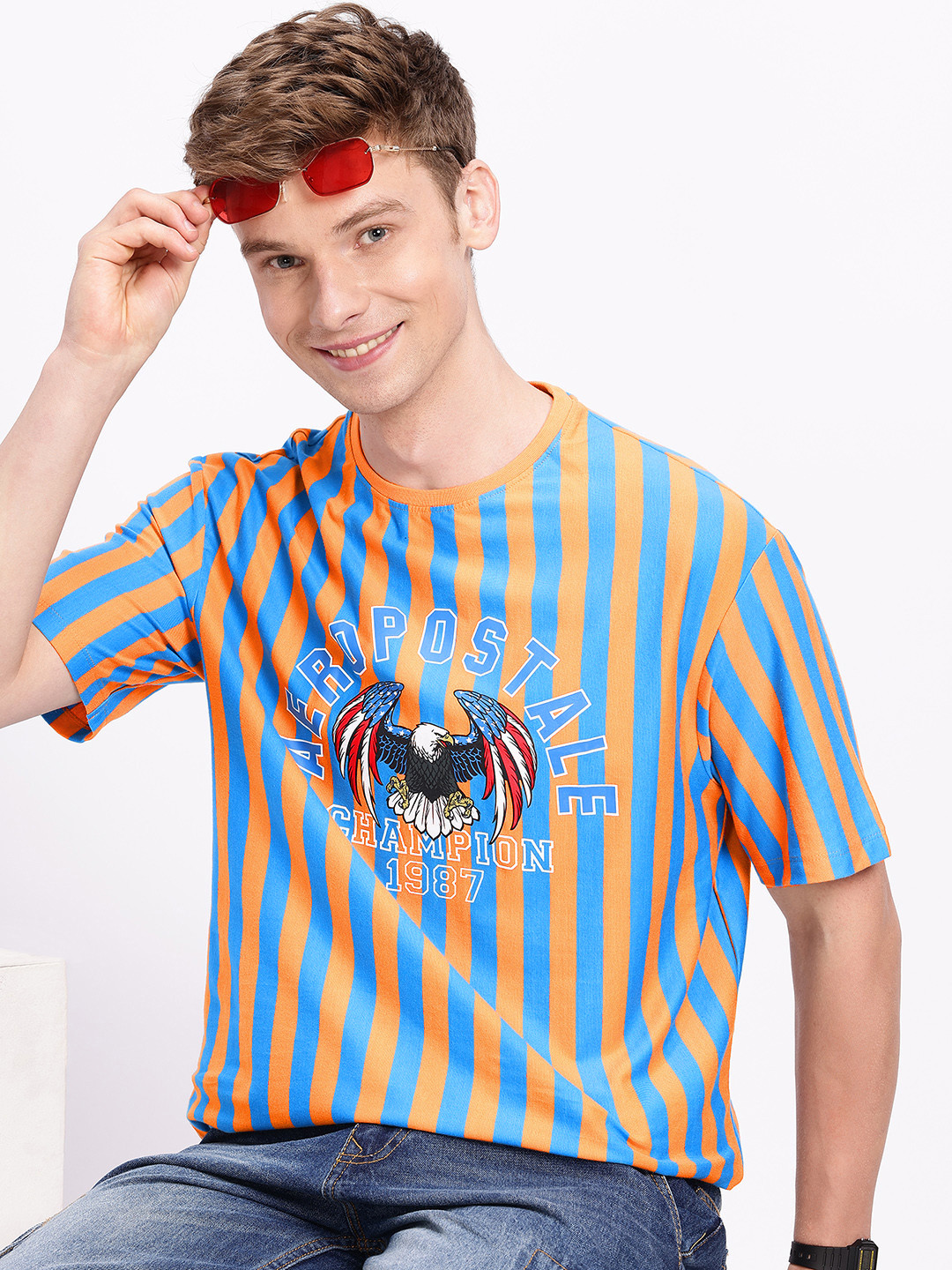 Aeropostale Brand Print Striped Relaxed Fit Pure Cotton T-shirt