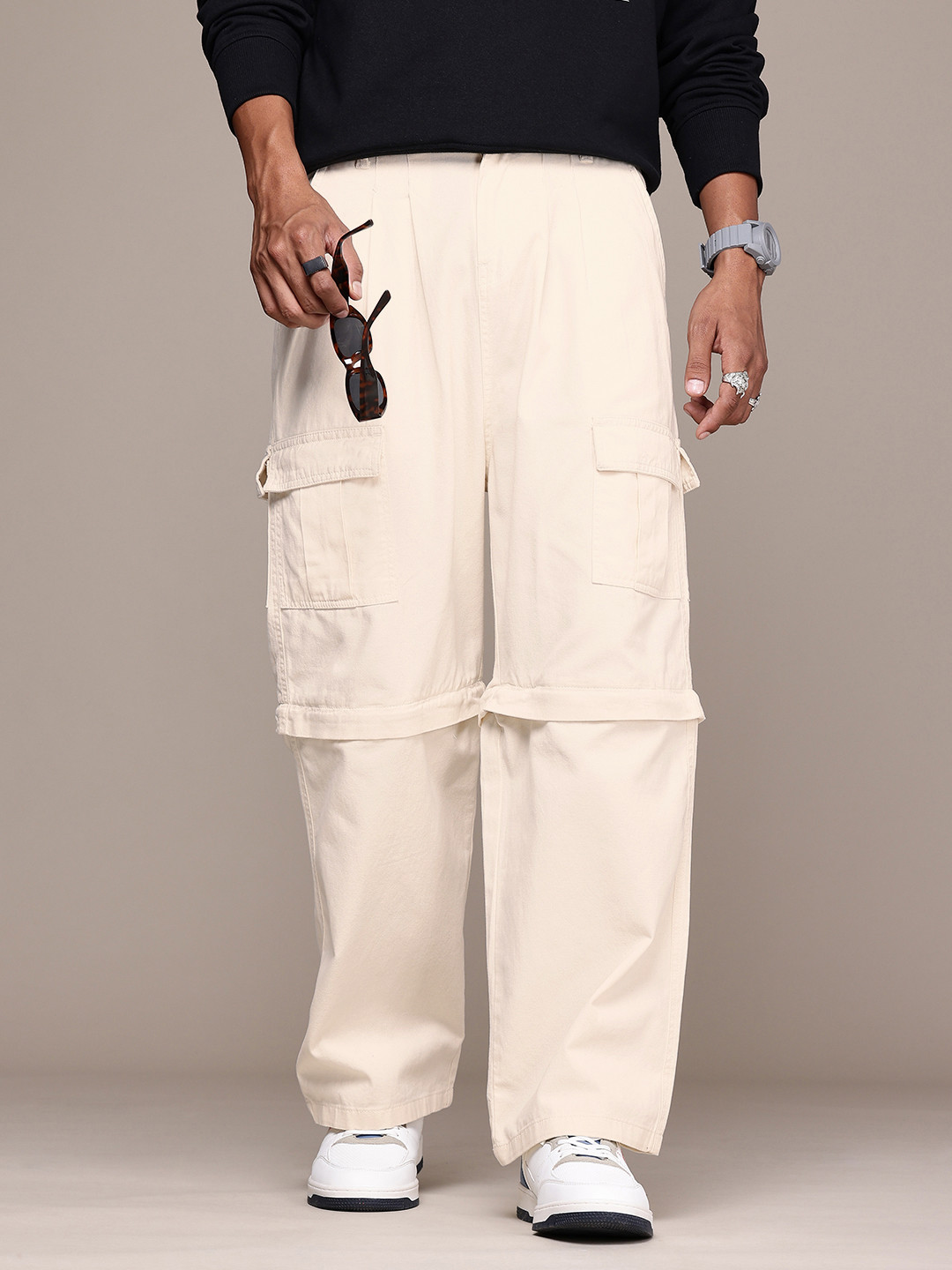 The Roadster Life Co. Men Pure Cotton Baggy Loose Fit Convertible Cargos Trousers