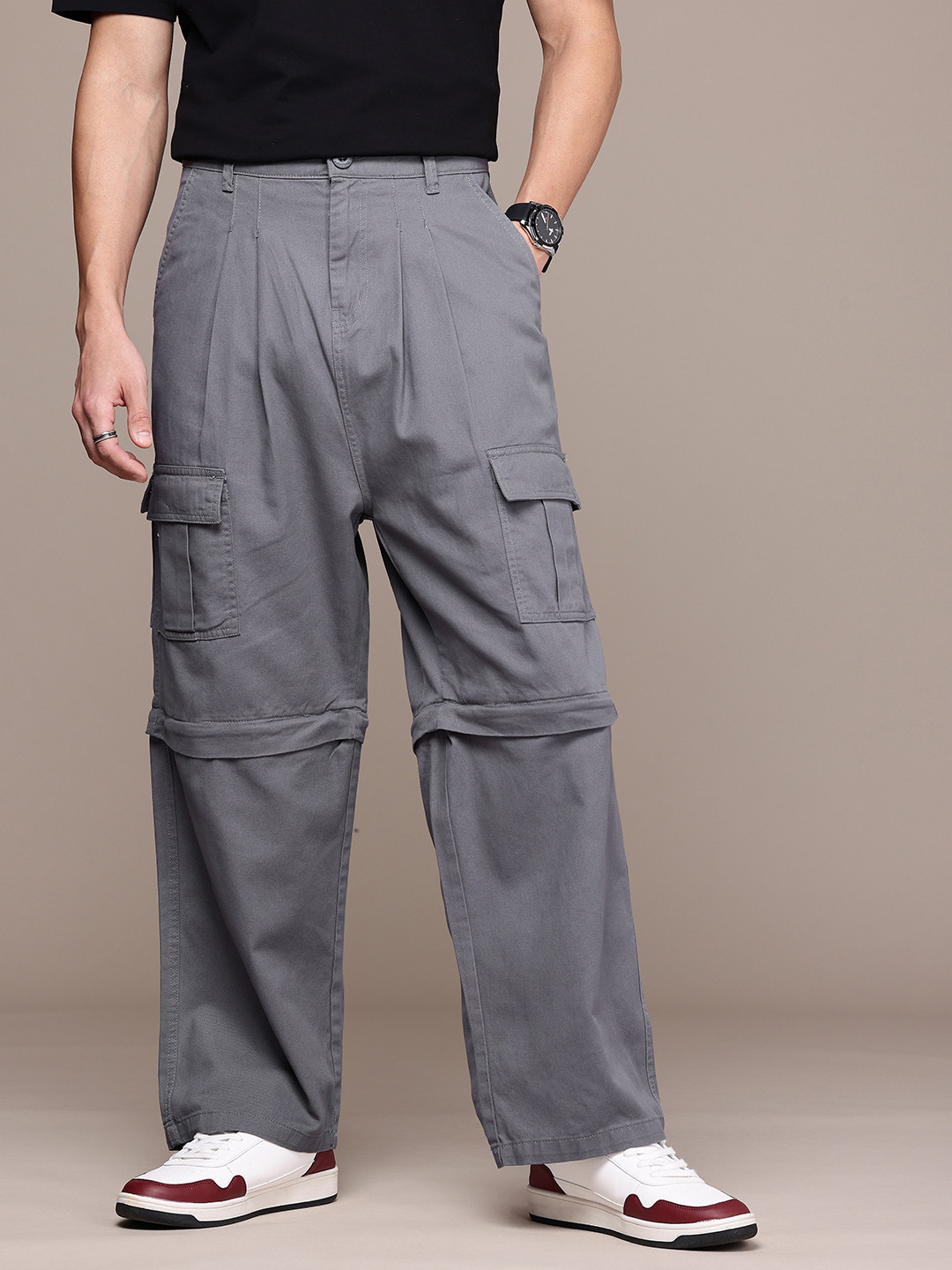 The Roadster Life Co. Men Pleated Convertible Cargos Loose Fit Trousers