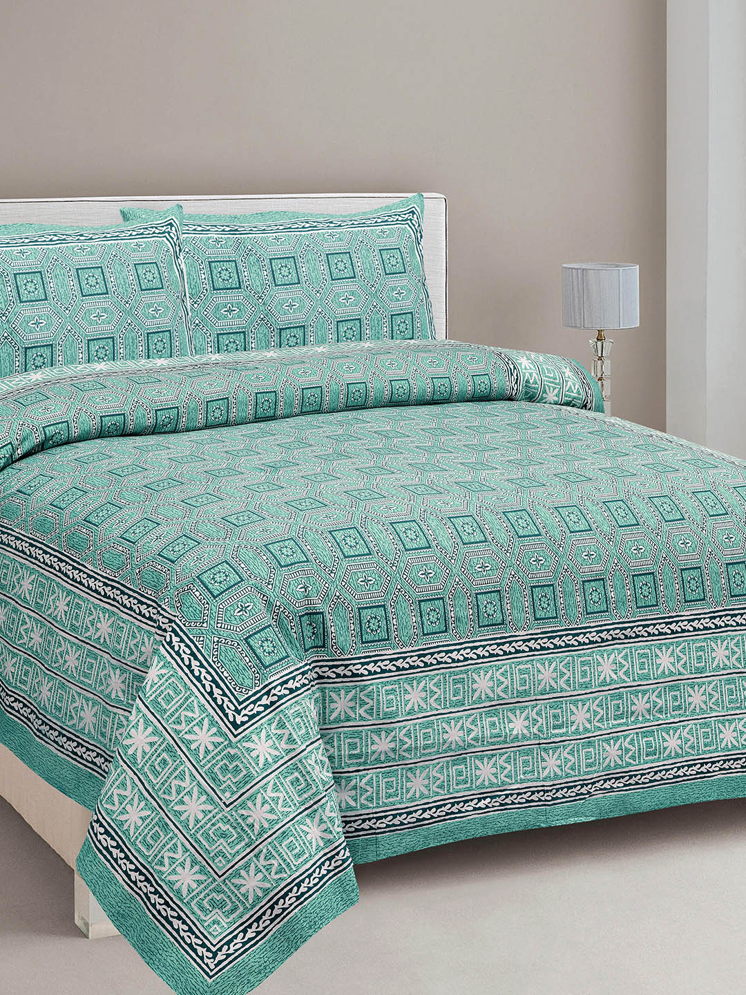 CLOTHOLOGY Sea Green & White 180 TC King Bedsheet with 2 Pillow Covers