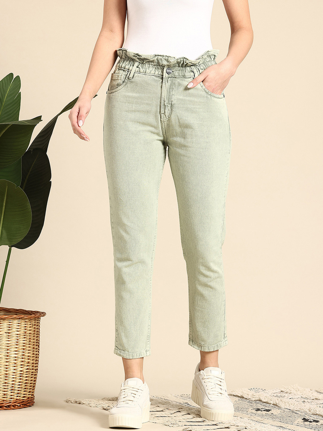 Mast & Harbour Women Mid-RIse Paperbag Waist Slim Fit Cropped Jeans