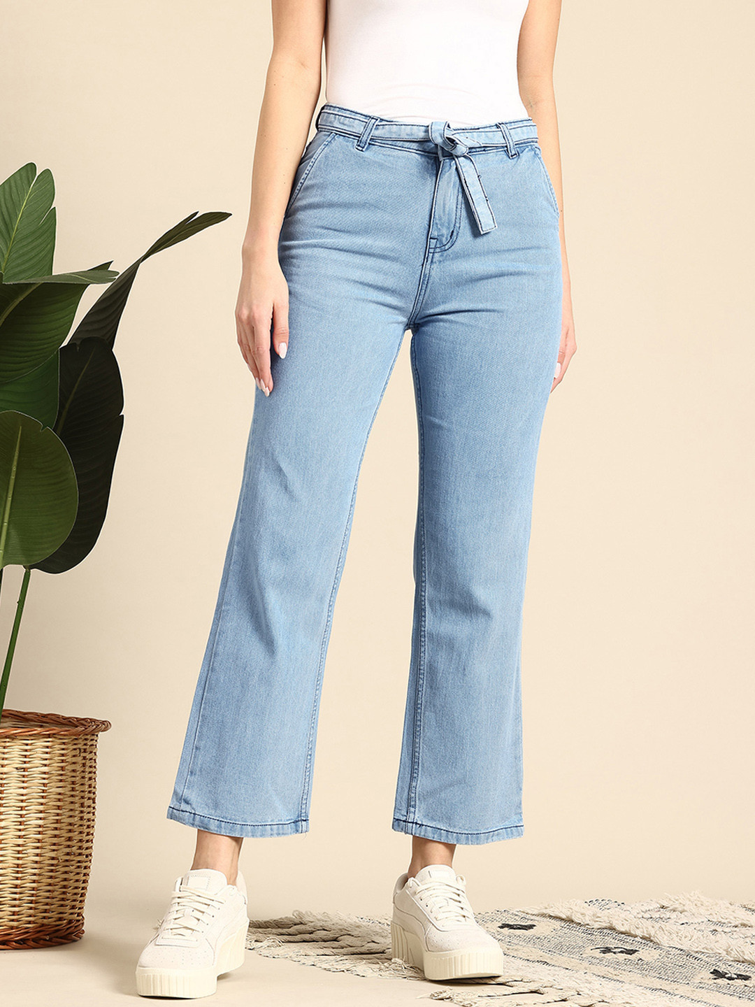 Mast & Harbour Women Flared High-Rise Jeans Comes With A Belt