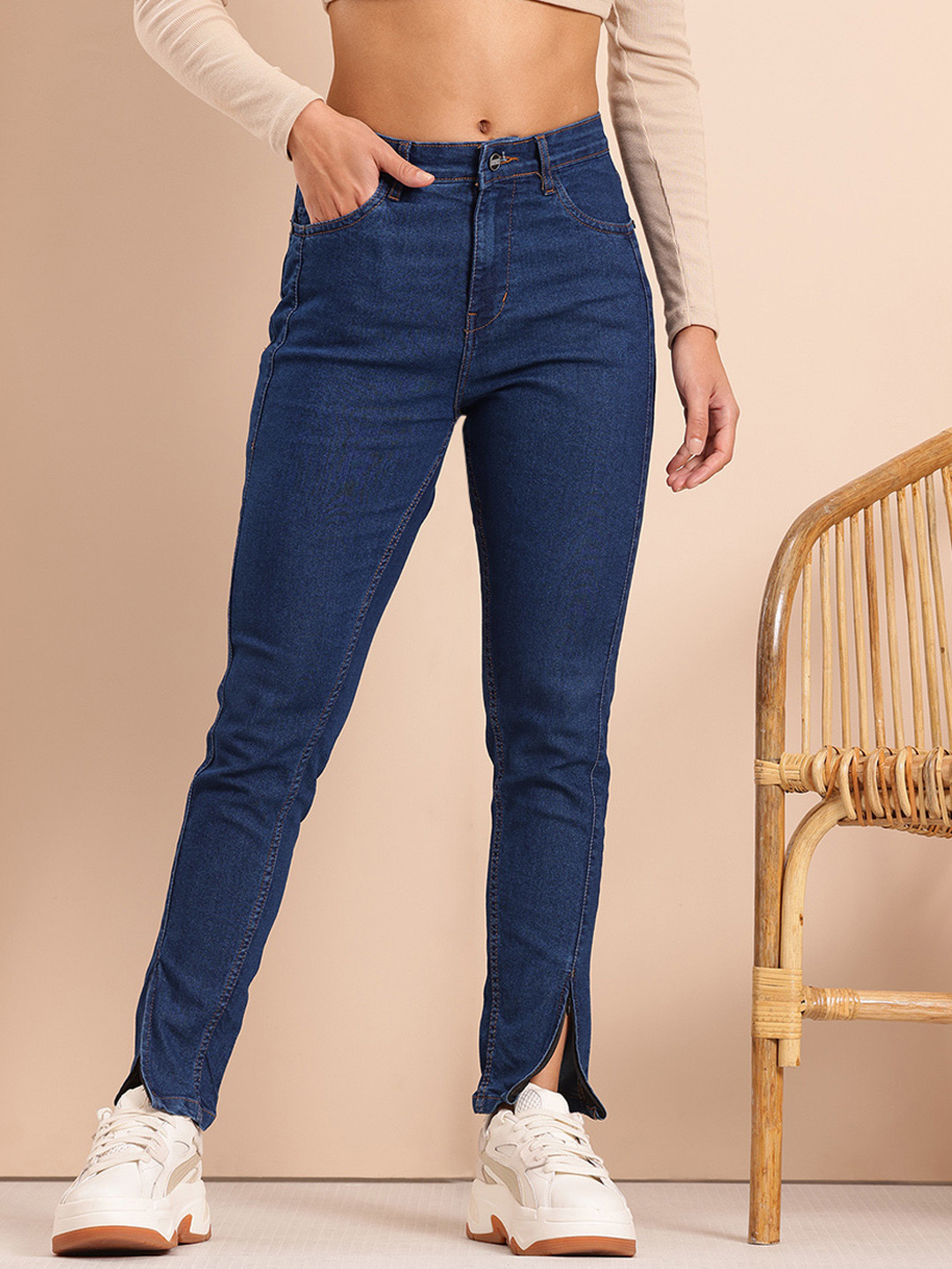 Mast & Harbour Women Skinny Fit High-Rise Slit Hem Stretchable Jeans