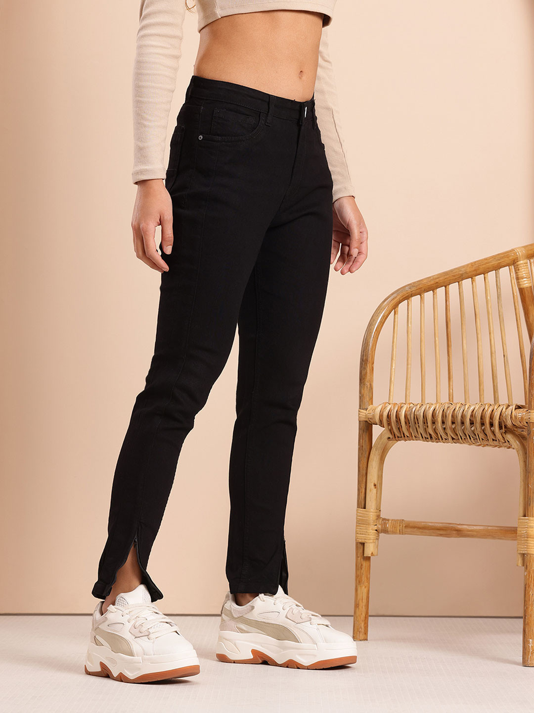 Mast & Harbour Women Skinny Fit High-Rise Slit Hem Stretchable Jeans
