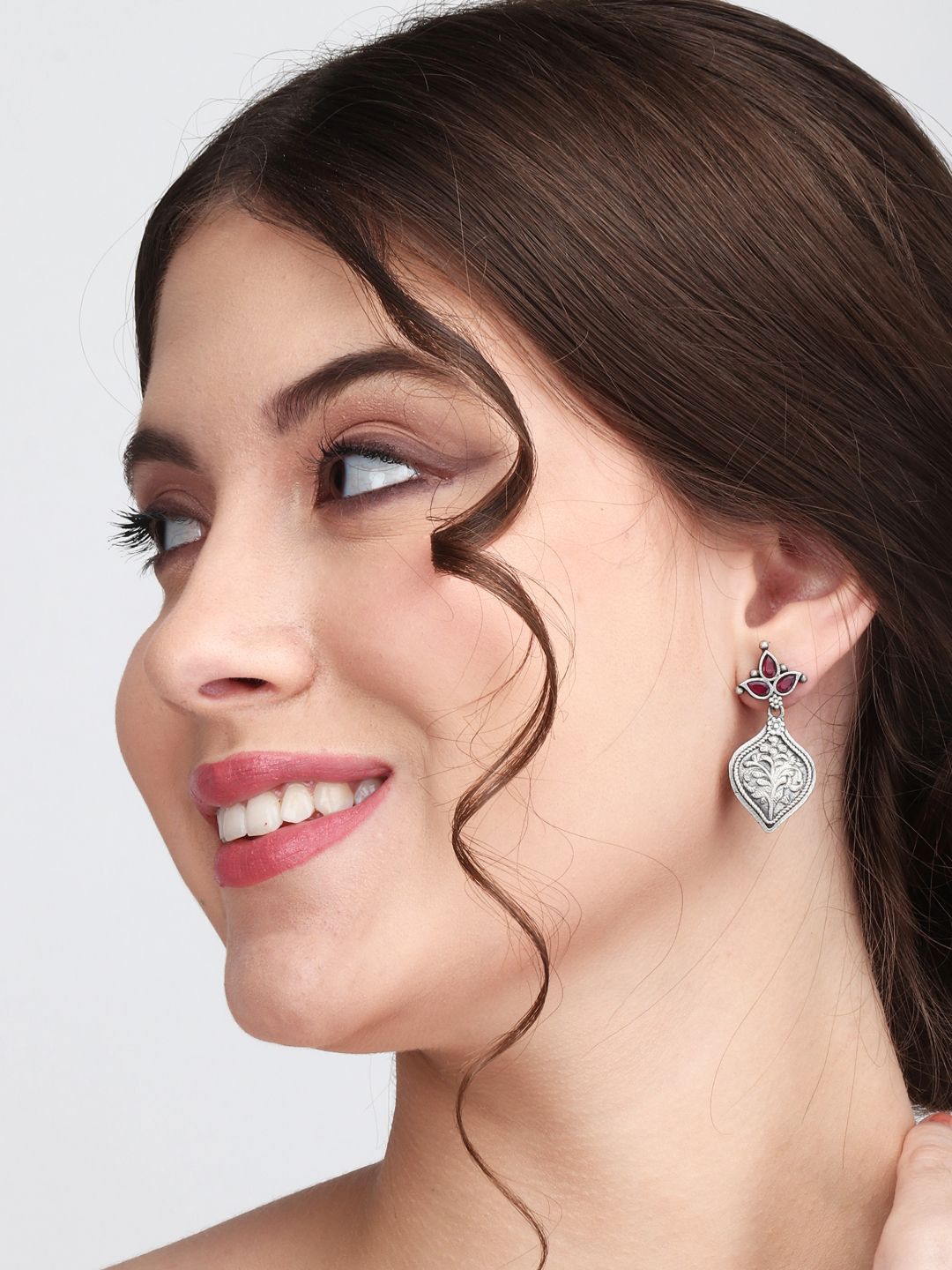 Anvik Silver-Plated Stone Studded Leaf Design Brass Drop Earrings