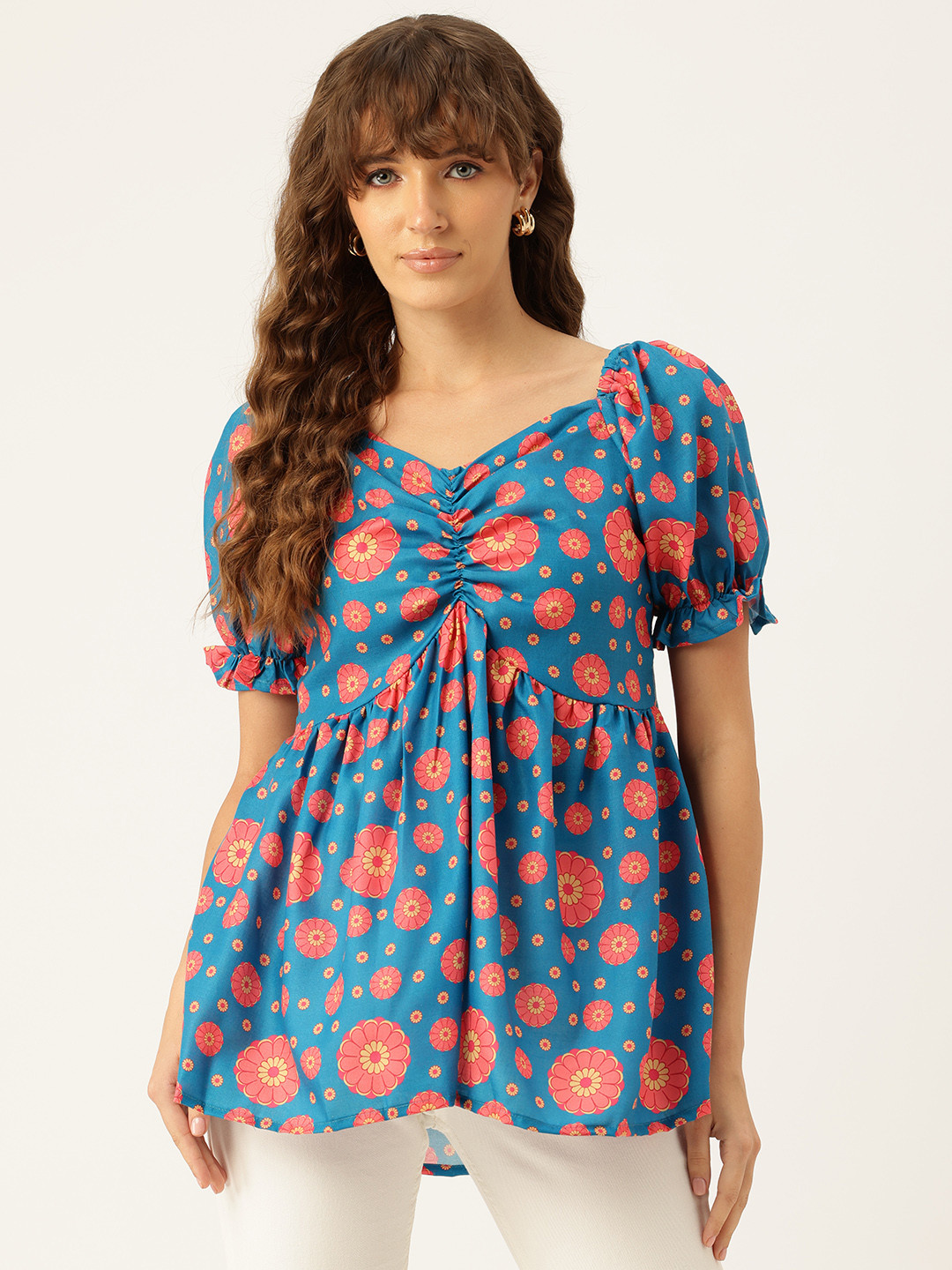 FERANOID Floral Print Sweetheart Neck Puff Sleeves Linen Peplum Longline Top