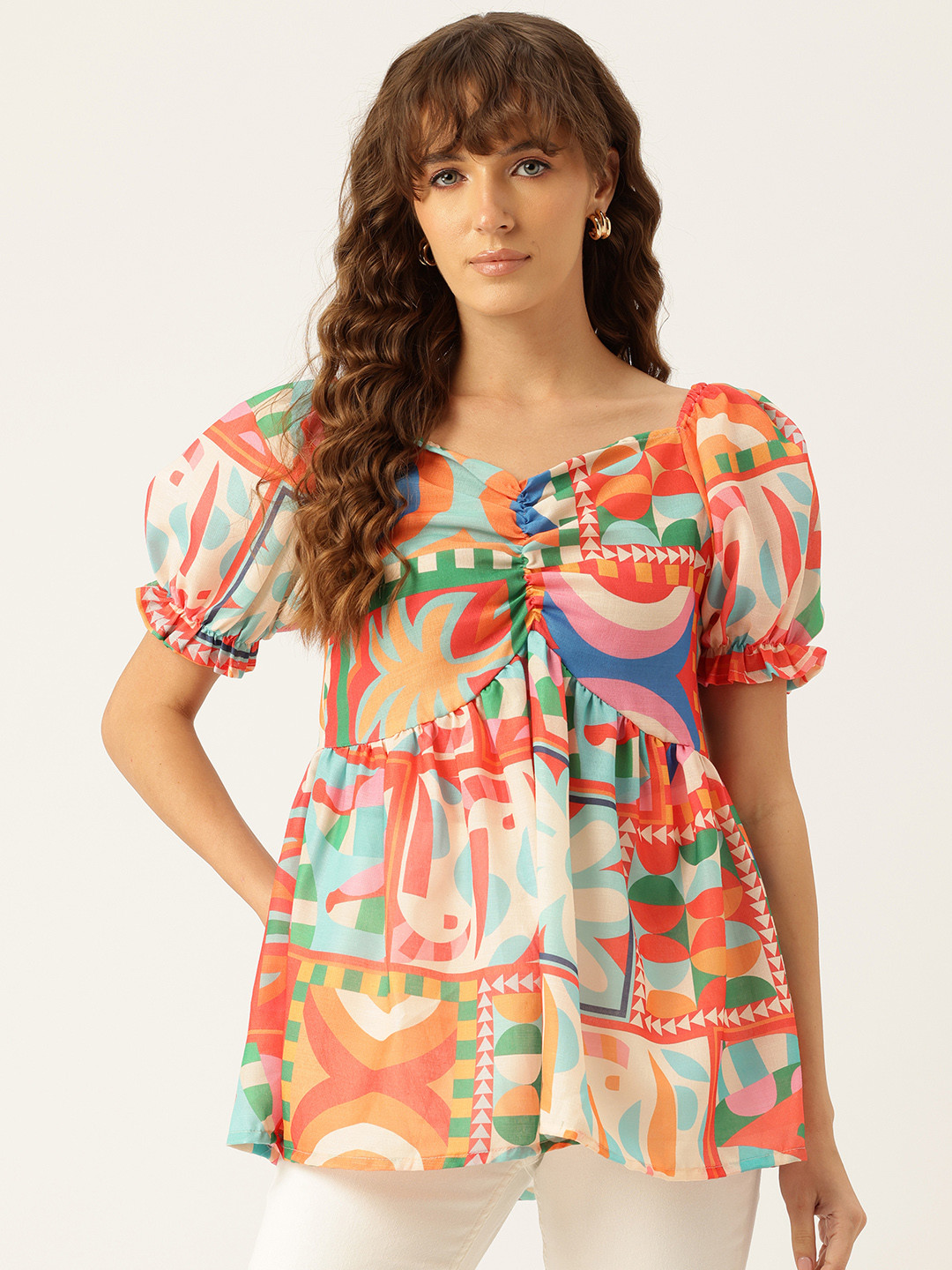 FERANOID Print Sweetheart Neck Puff Sleeves Linen Peplum Longline Top