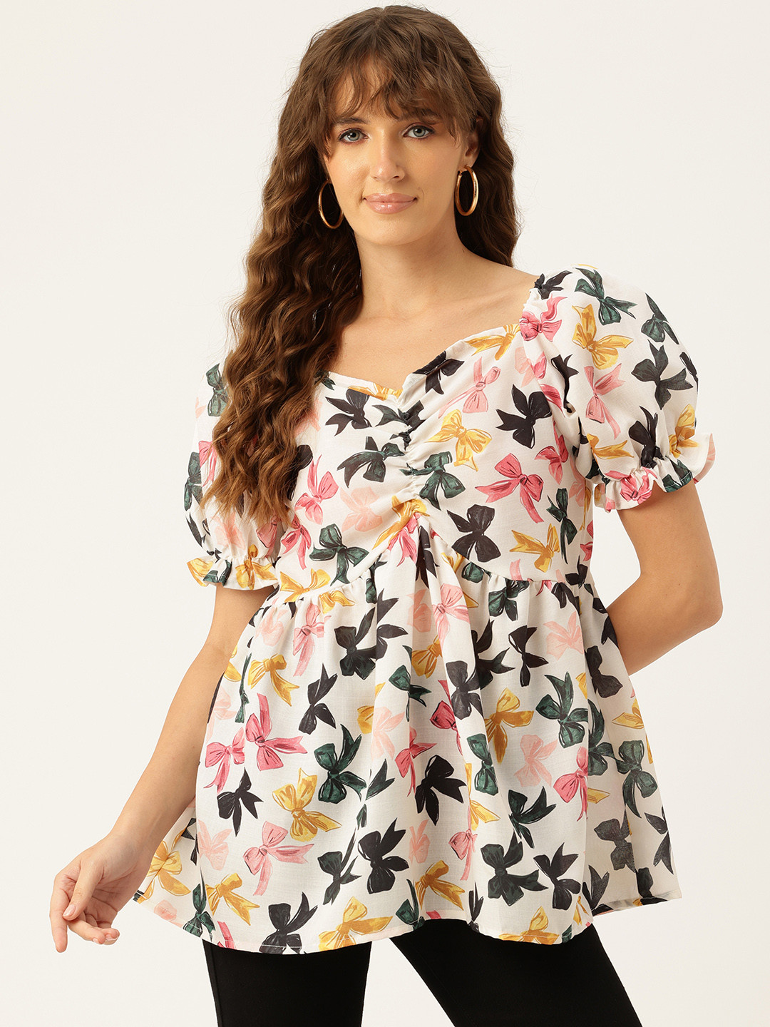 FERANOID Floral Print Sweetheart Neck Puff Sleeve Linen Peplum Longline Top