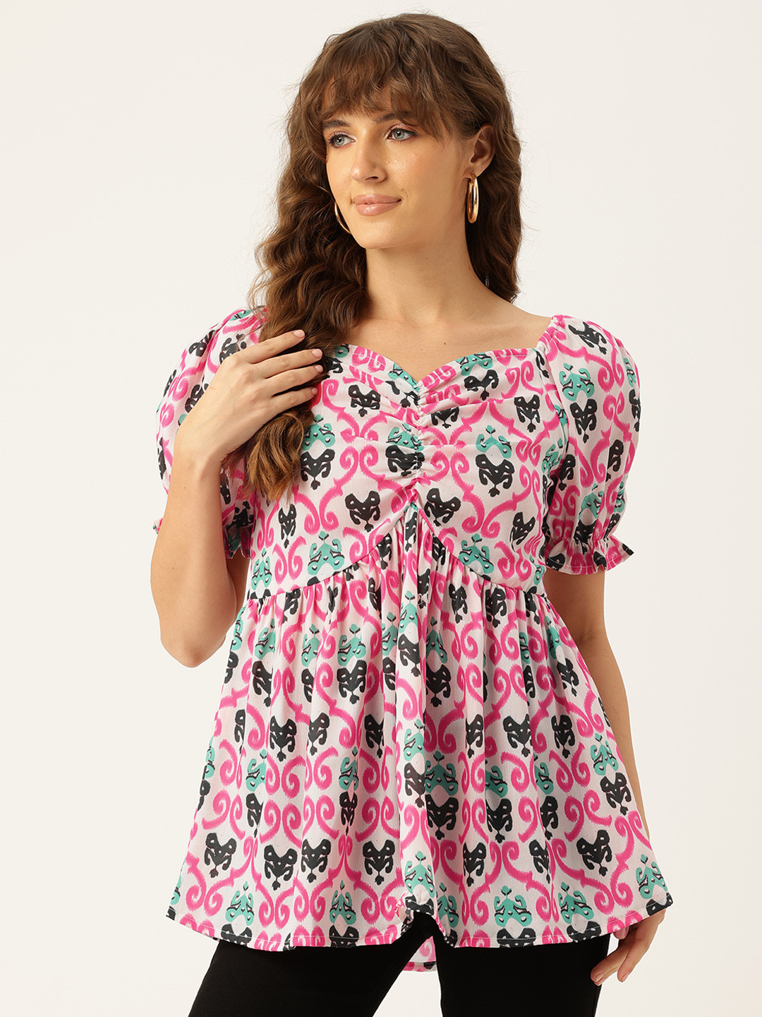 FERANOID Printed Sweetheart Neck Linen Blouson Top