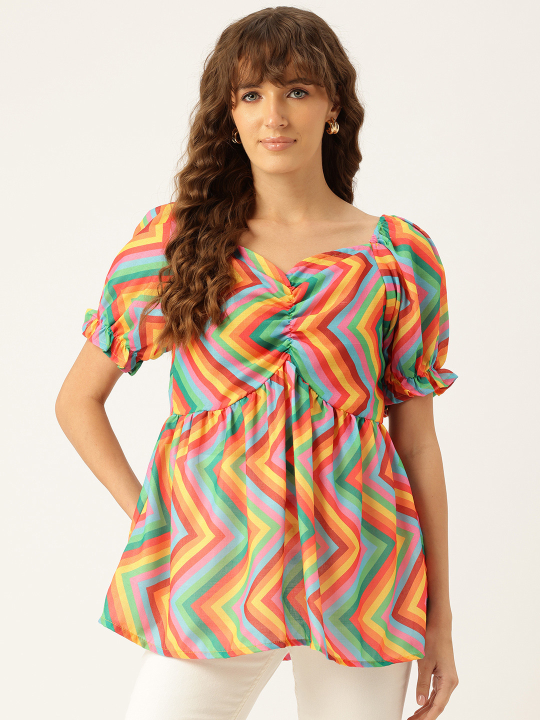 FERANOID Striped Sweetheart Neck Puff Sleeve Linen Blouson Crop Top