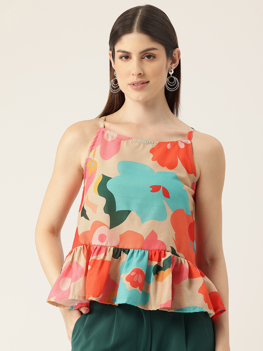 FERANOID Floral Print Ruffles Linen Peplum Top