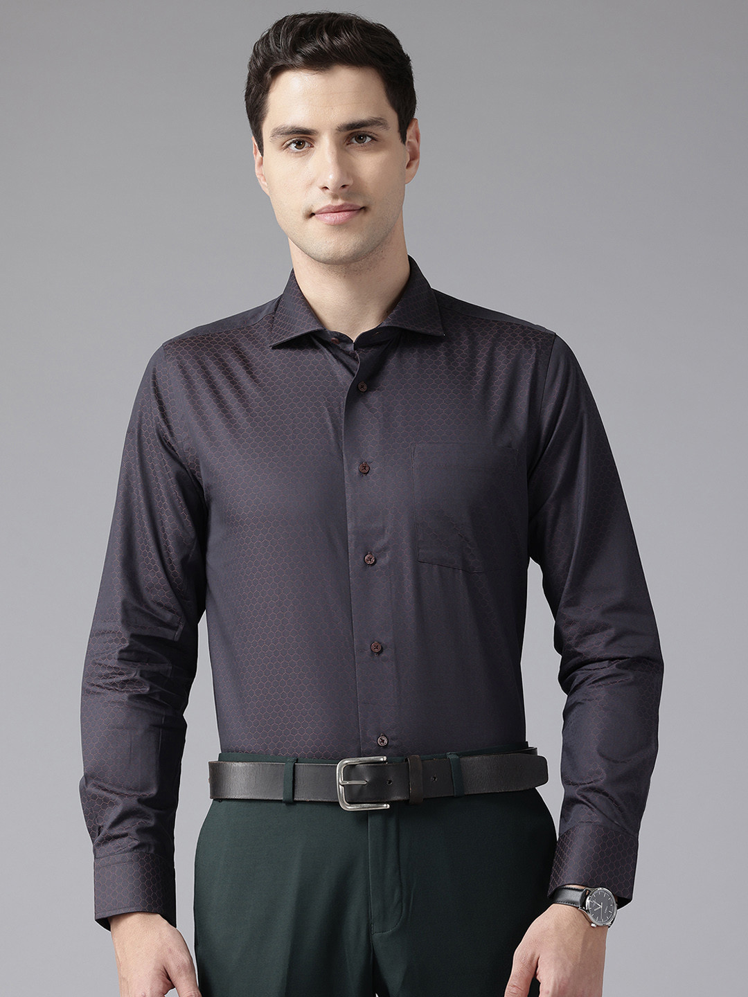 Blackberrys Pure Cotton Slim Fit Geometric Print Formal Shirt