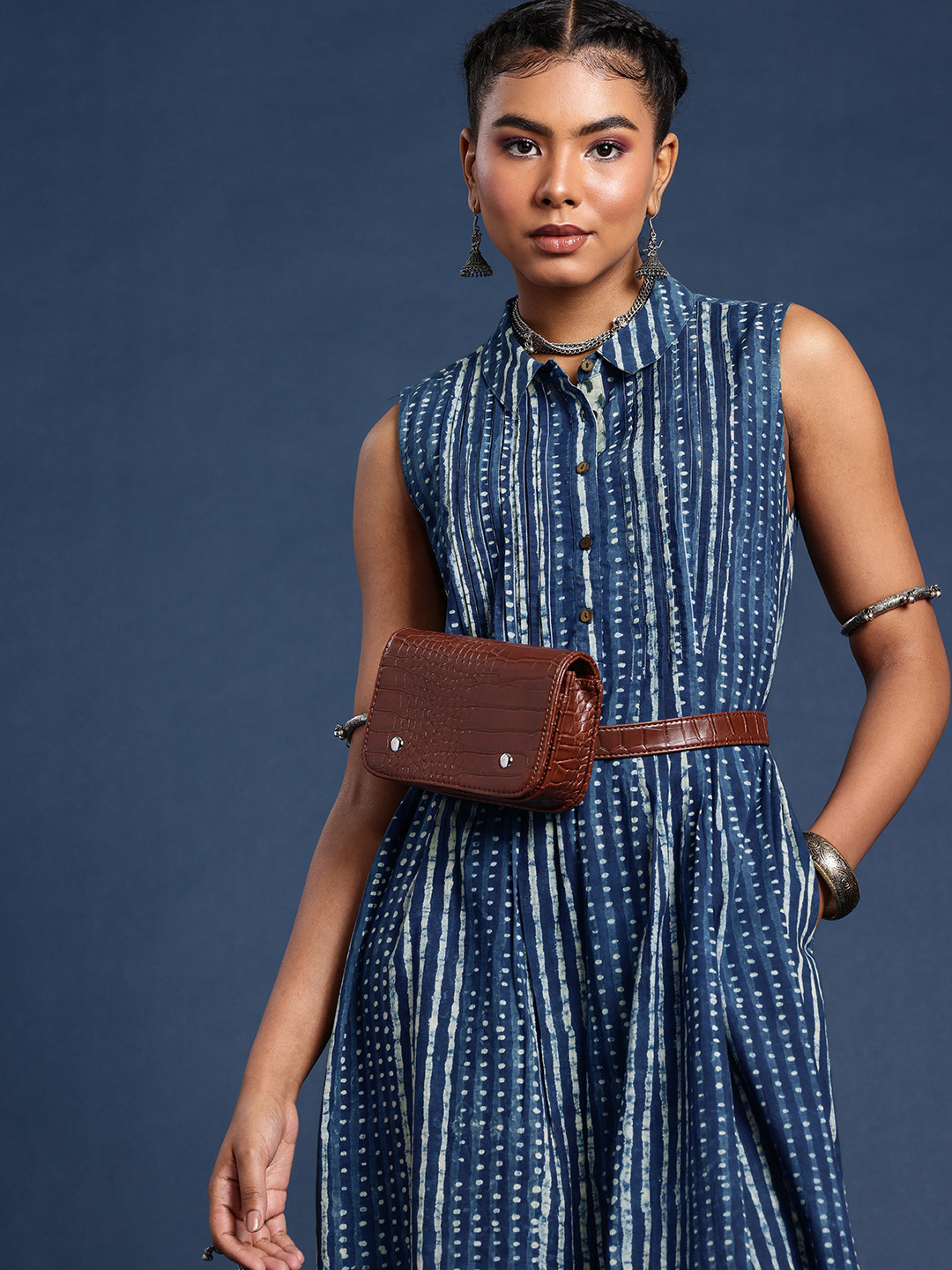 Taavi Striped Hand Block Printed Pleated Sustainable Pure Cotton A-Line Mid Dress