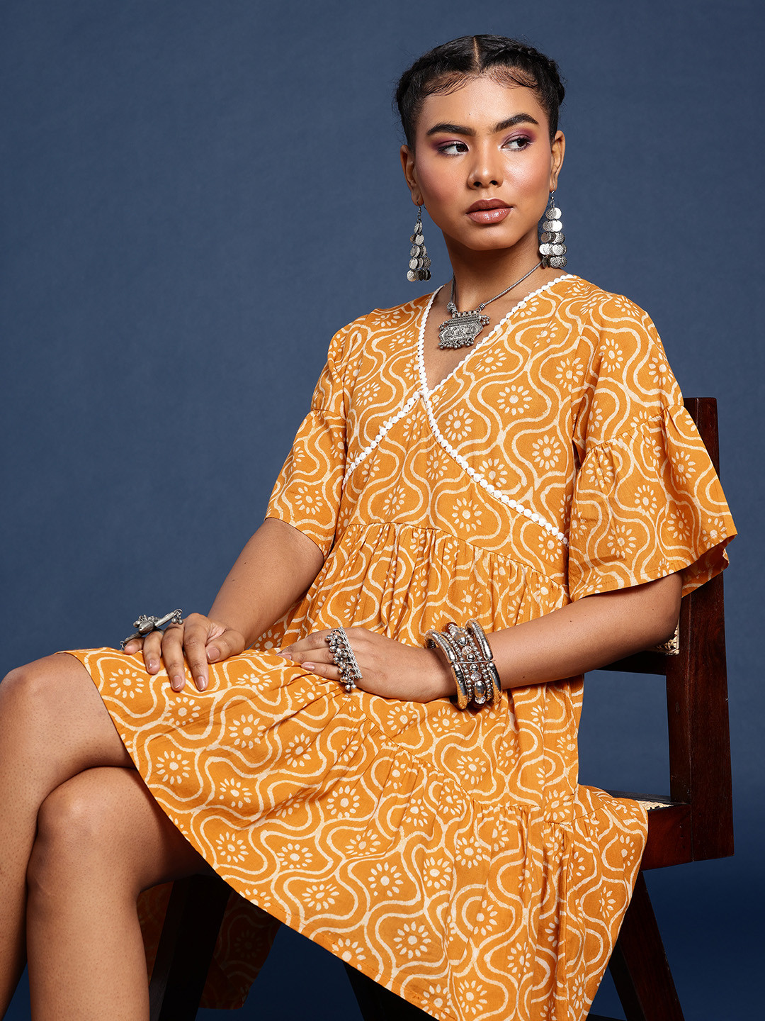 Taavi Ethnic Motifs Hand Block Printed Bell Sleeves Tiered Empire Dress