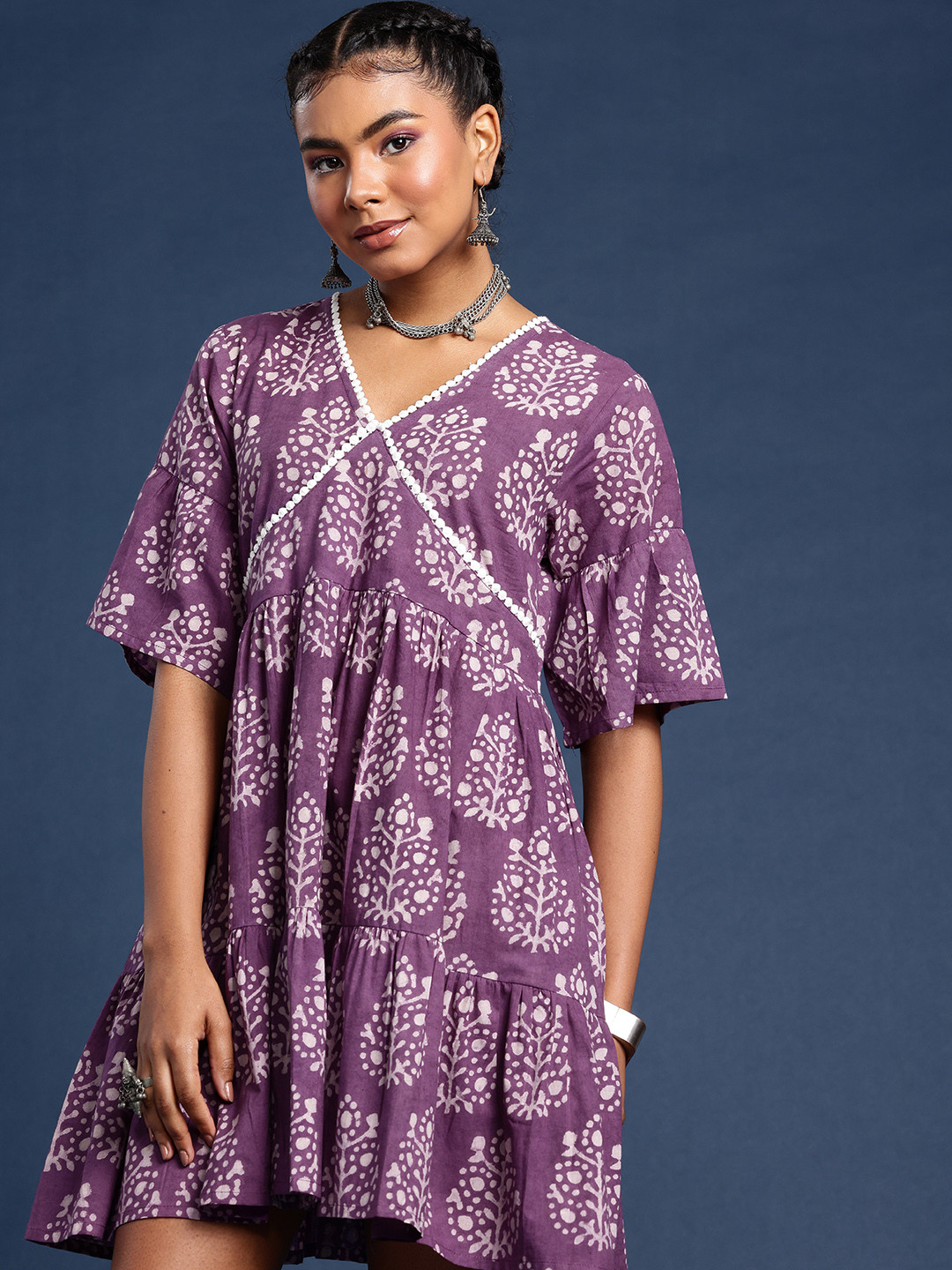 Taavi Ethnic Motifs Hand Block Printed Bell Sleeves Tiered Empire Dress