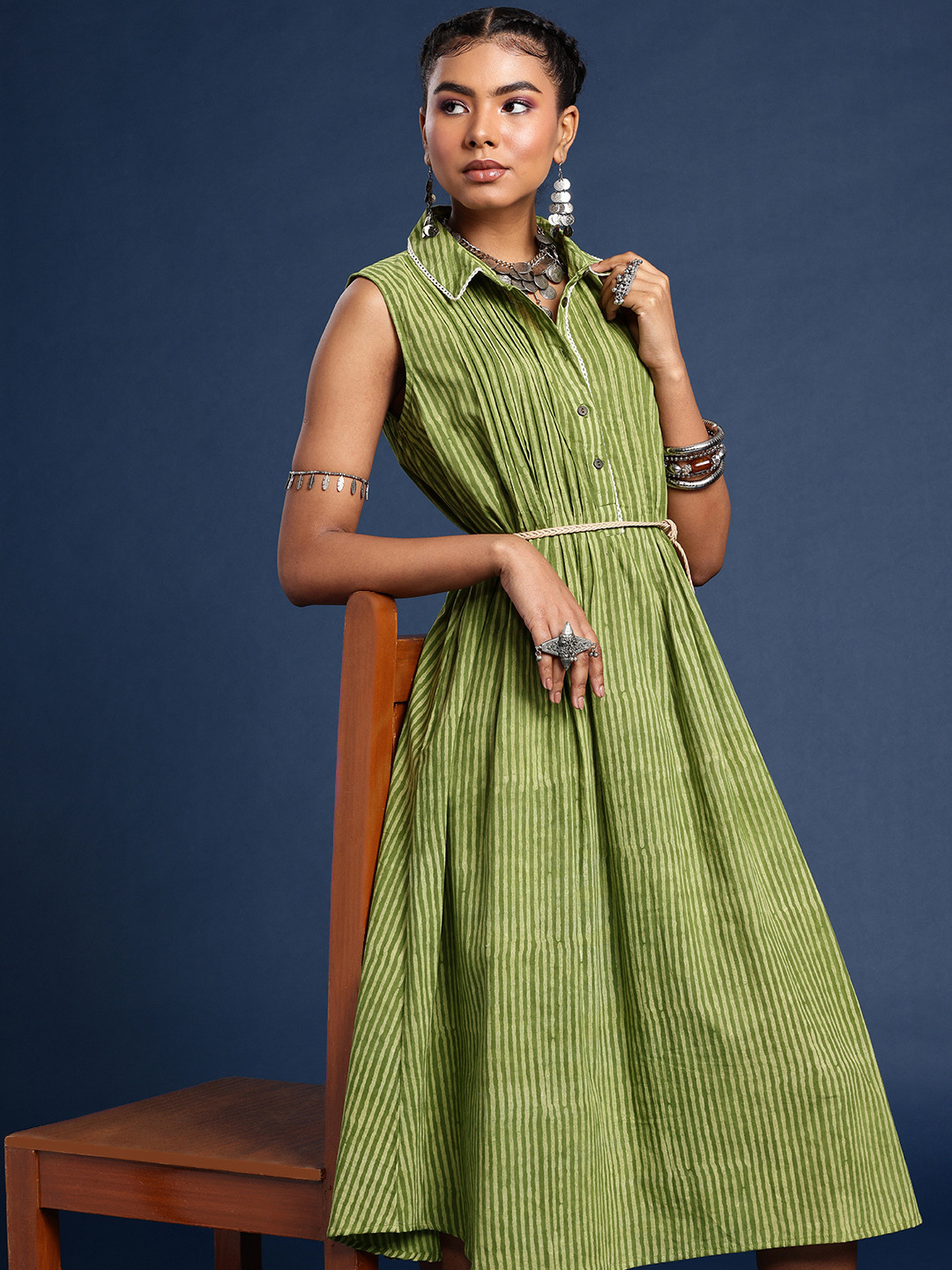 Taavi Striped Hand Block Printed Pleated Sustainable Pure Cotton A-Line Mid Dress