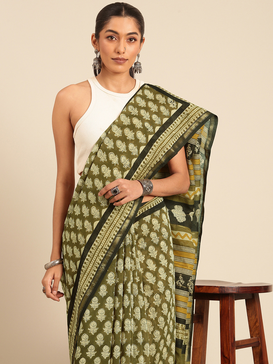 Taavi Dabu Printed Silk Cotton Chanderi Saree