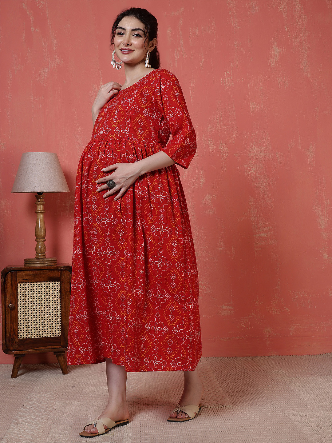 Nayo Bandhni Print Empire Maternity Dress