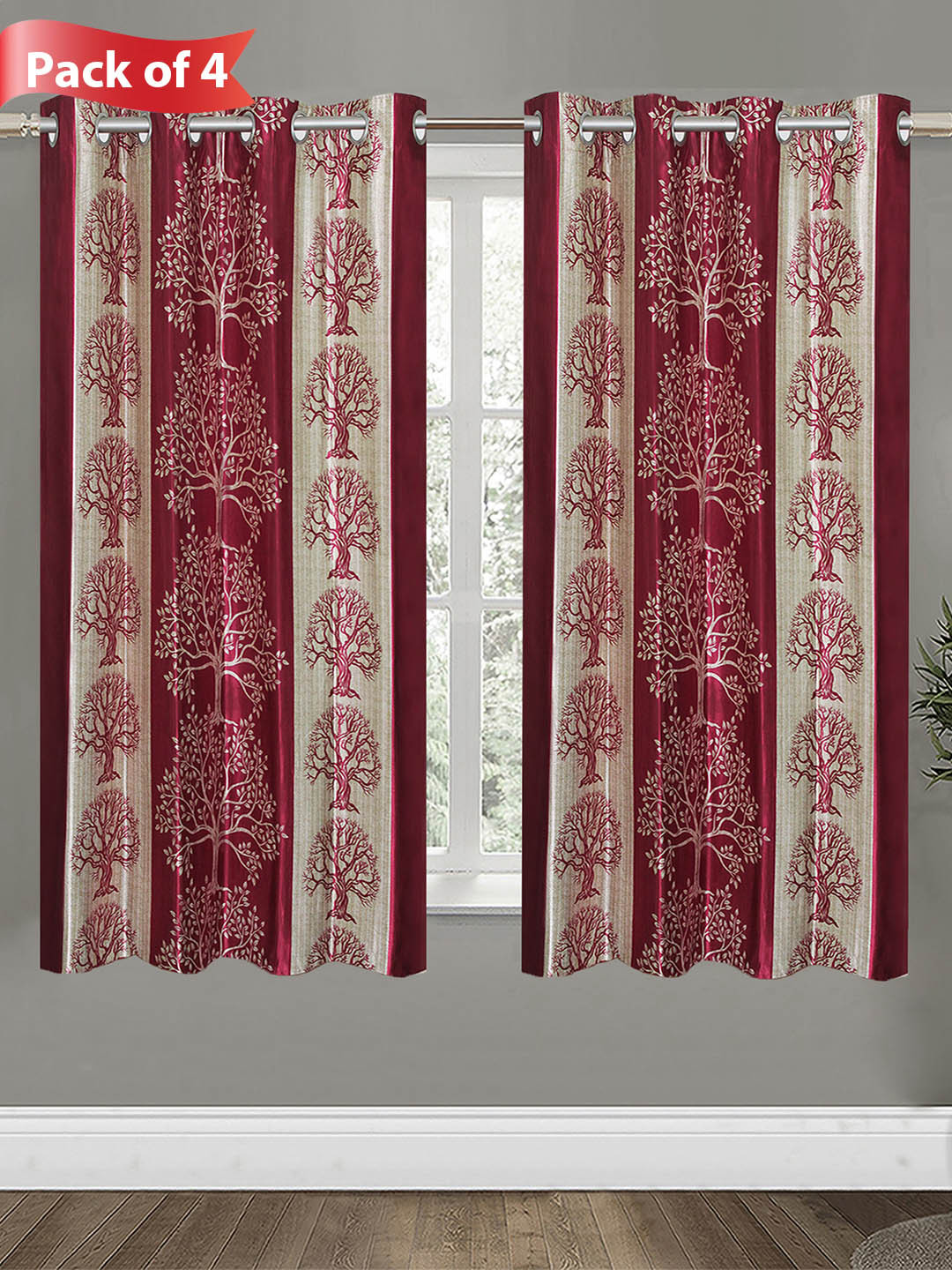 Aura Maroon & White 4 Pieces Floral Room Darkening Window Curtains