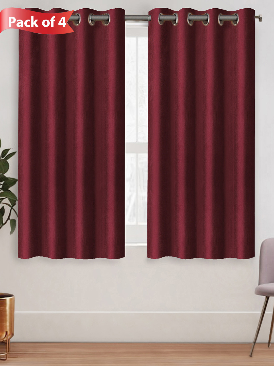 Aura Maroon 4 Pieces Room Darkening Crushed Texture Window Curtains