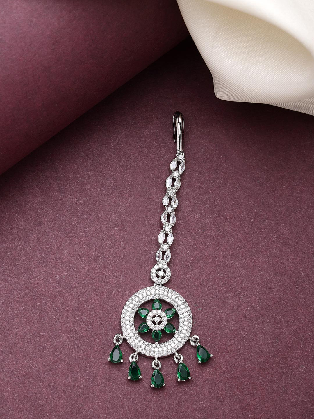 ZENEME Rhodium-Plated American Diamond Studded Maang Tikka Head Jewellery