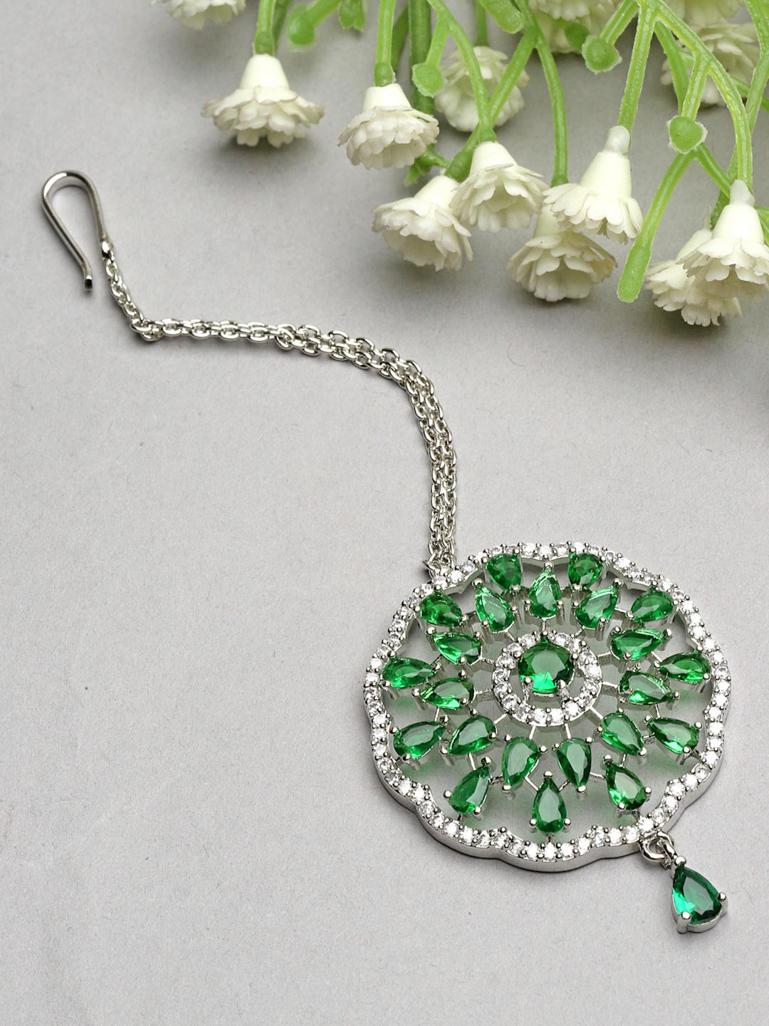ZENEME Rhodium Plated American Diamond Studded Maang Tikka